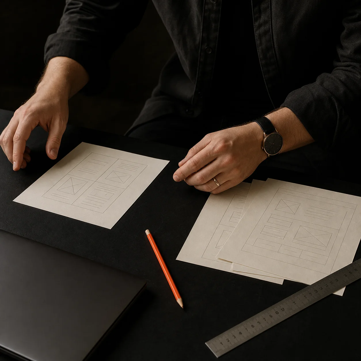 Website wireframes being reviewed around the Mousehold Studio table