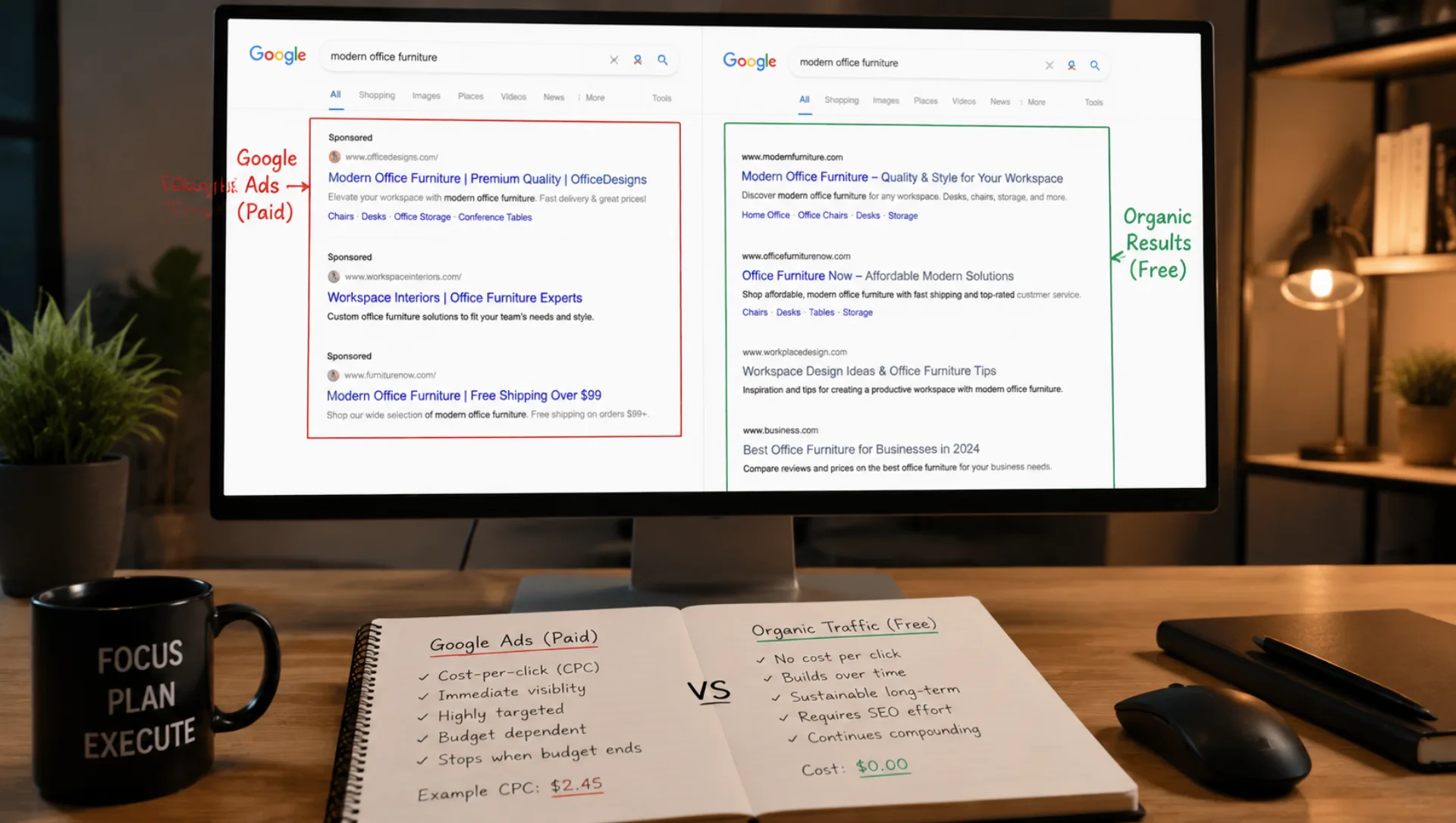 A split comparison between Google Ads and organic search results on a laptop screen