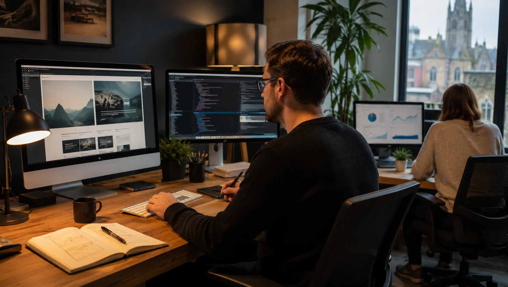 A focused working day inside a premium web design and SEO studio with design, code and analytics screens