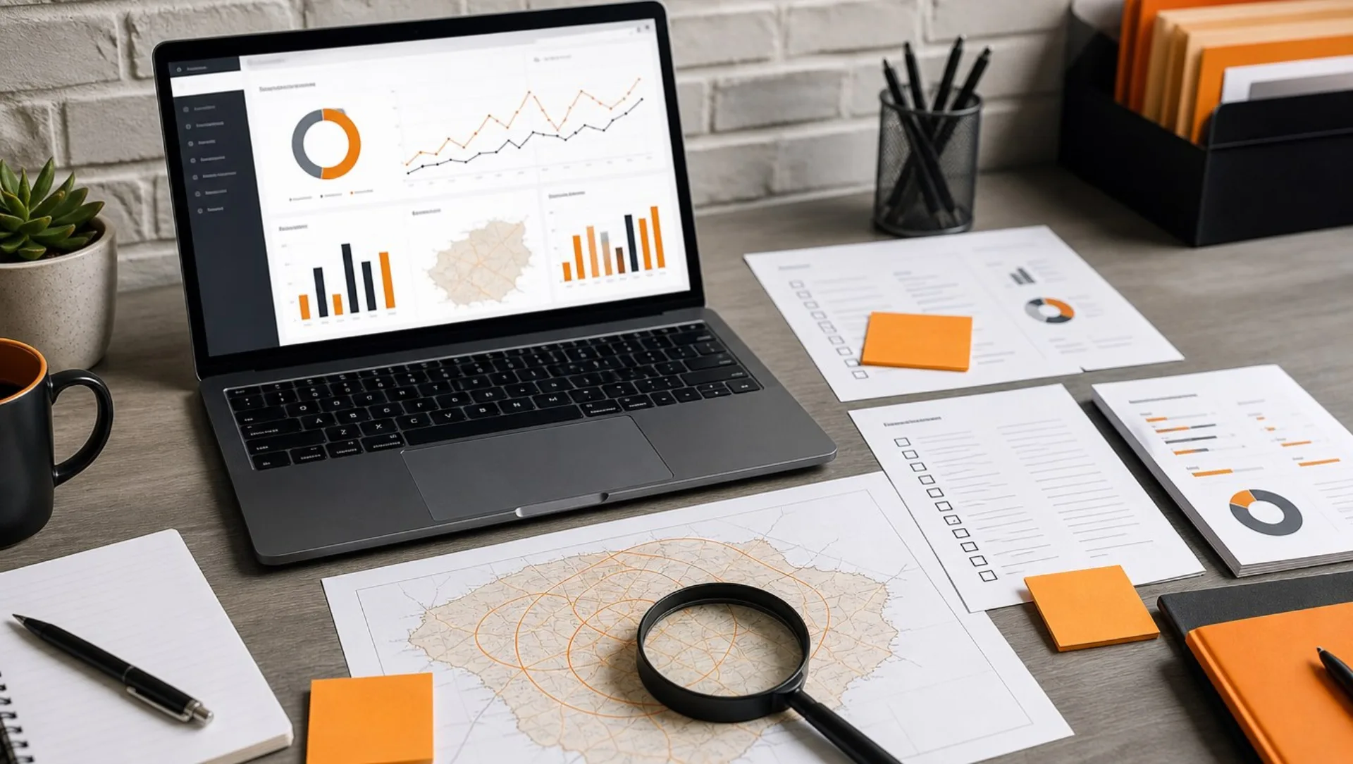 A local business website audit desk with search dashboards, checklists and Norfolk map notes