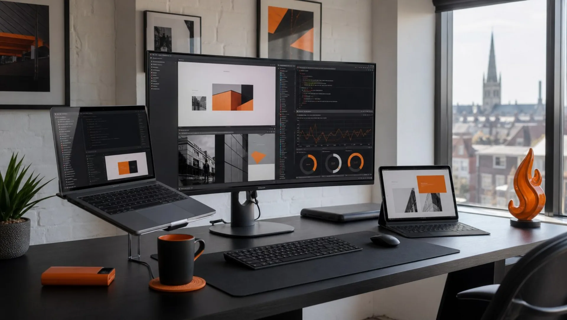 A modern Norwich web development workstation showing website design, code and performance dashboards