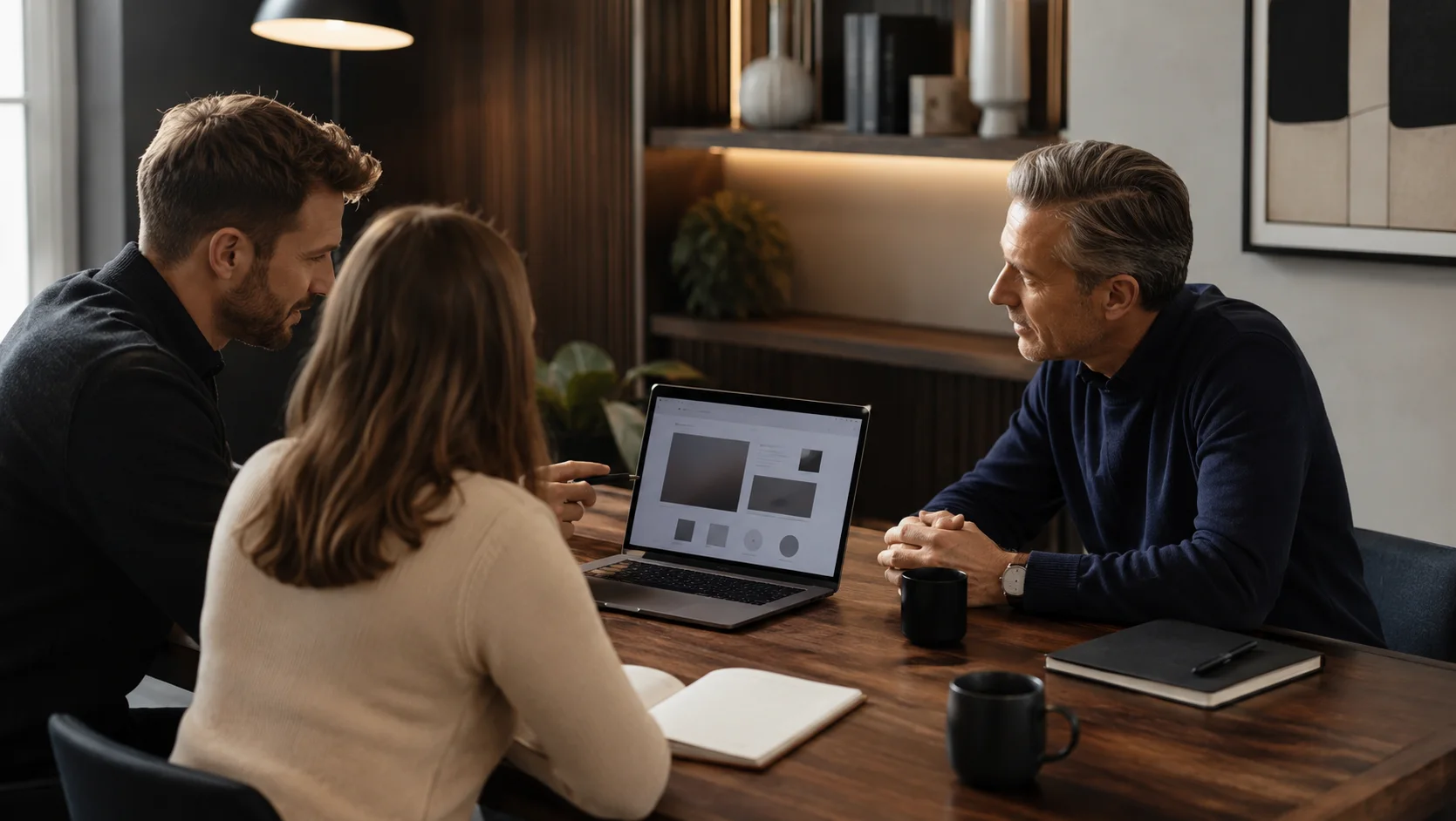 Premium website design consultation with a client reviewing a project plan in a calm studio setting