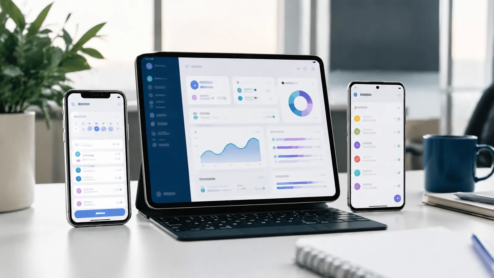 React Native mobile app screens for bookings, staff jobs and business dashboards across phone and tablet devices