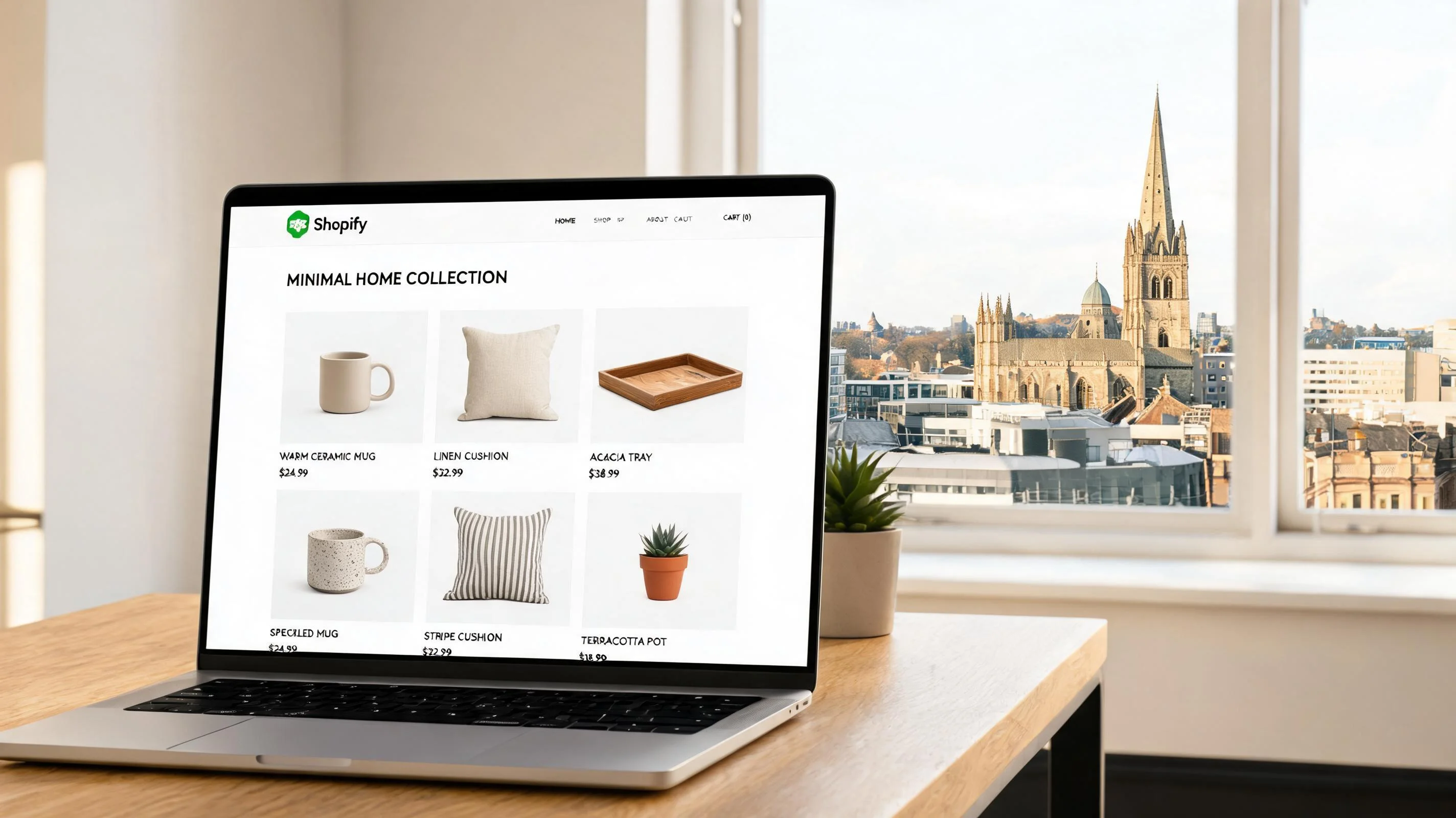 A modern Shopify ecommerce store being designed on a laptop in a Norwich studio with warm lighting