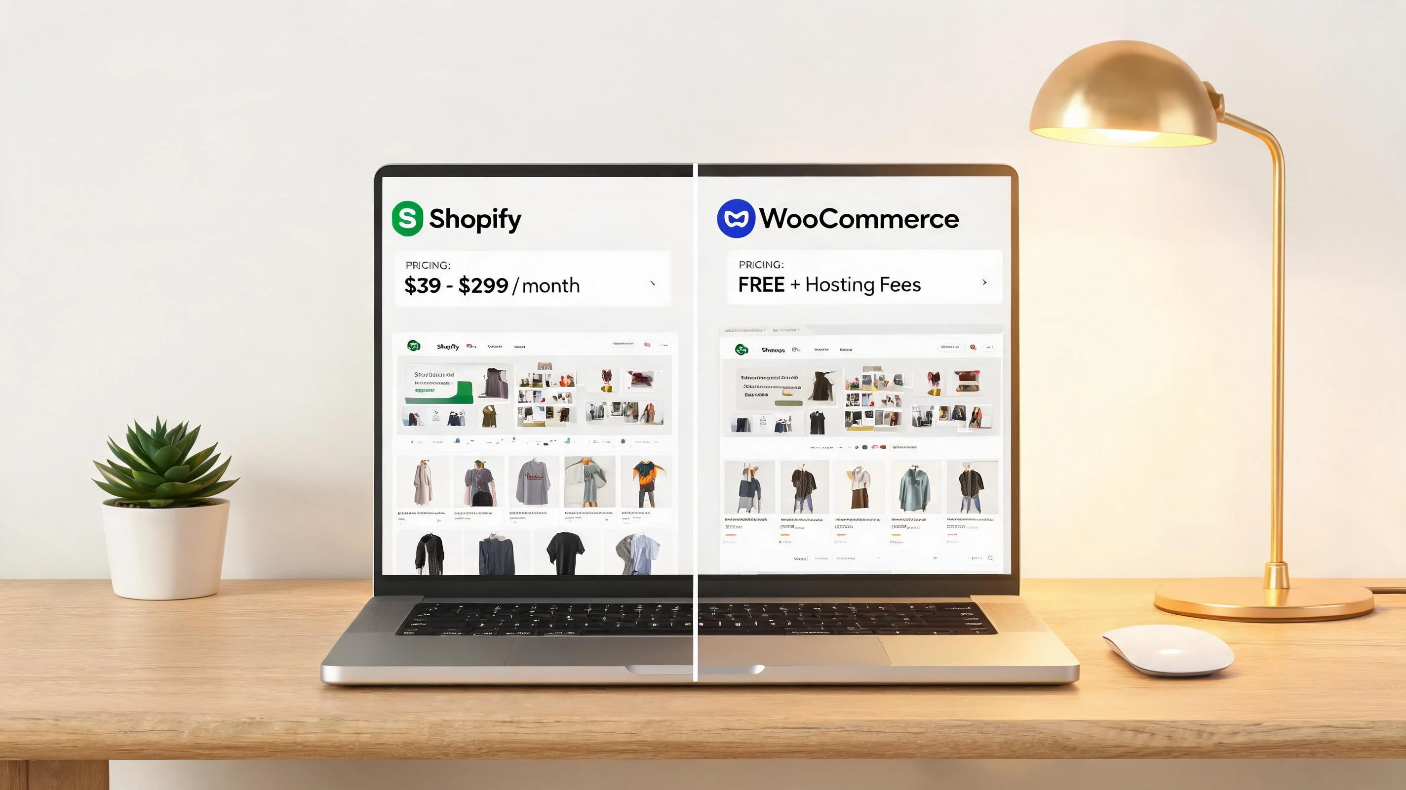A comparison between WooCommerce and Shopify ecommerce platforms on two laptop screens in a Norwich workspace