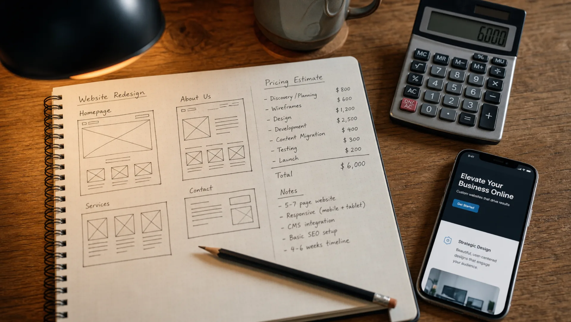 A website design plan sketched in a notebook with pricing notes on a wooden desk
