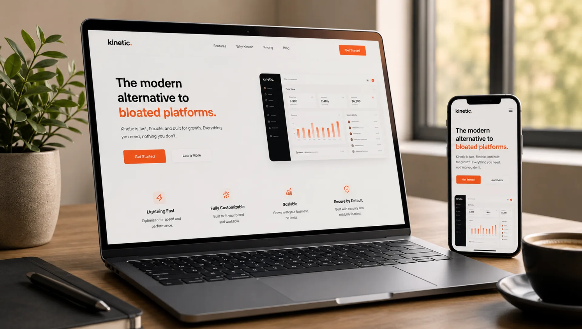 A clean modern website builder interface next to a fast-loading website on a smartphone