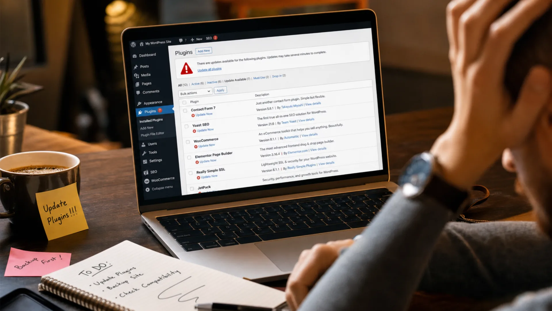 A slow-loading WordPress admin panel on a laptop screen with frustration visible