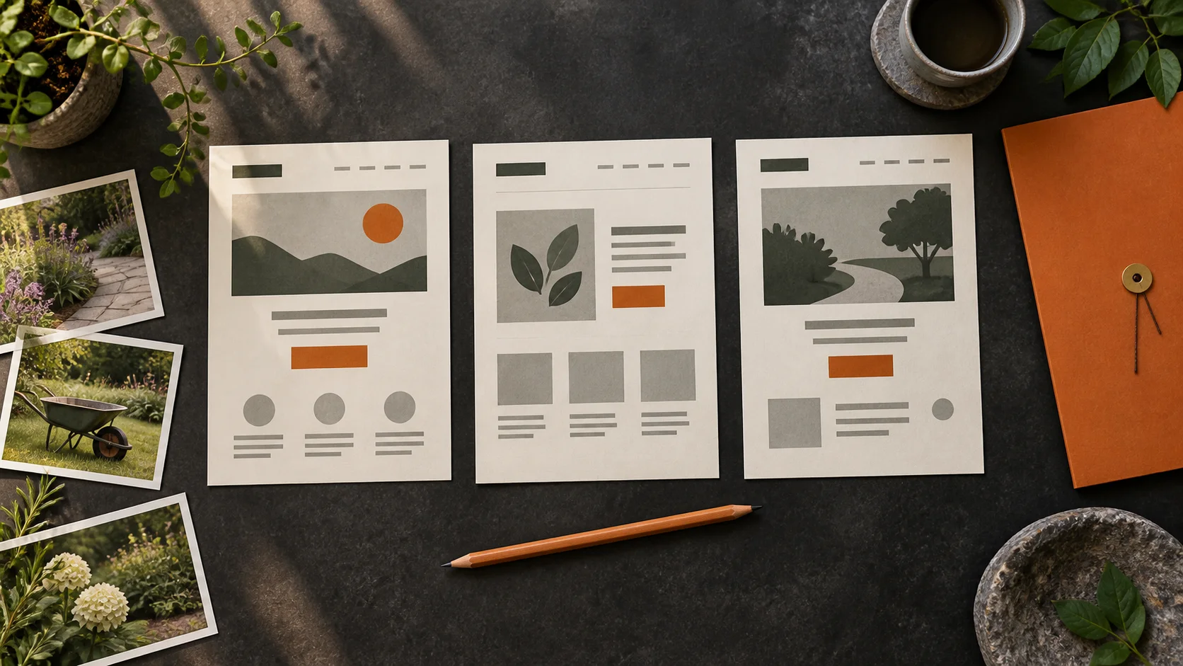 Editorial illustration of three paper website layouts, garden photographs and an orange folder on a dark desk