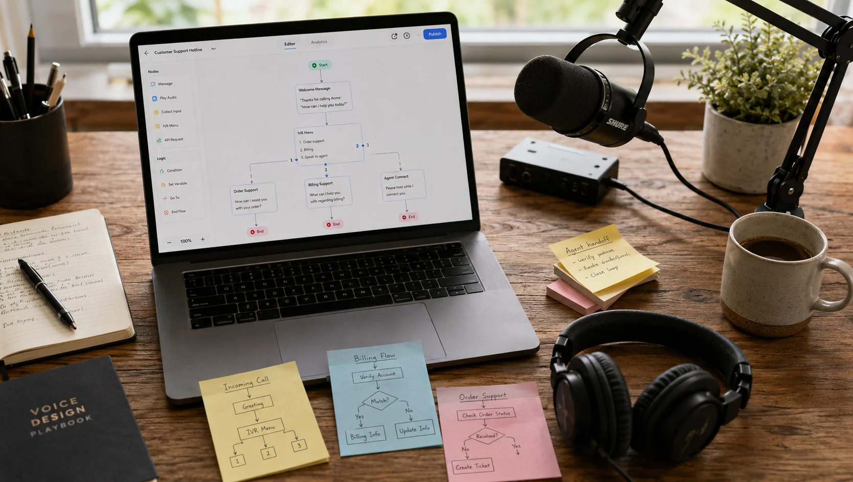 Automated call flows and AI call agent design workspace for a UK small business
