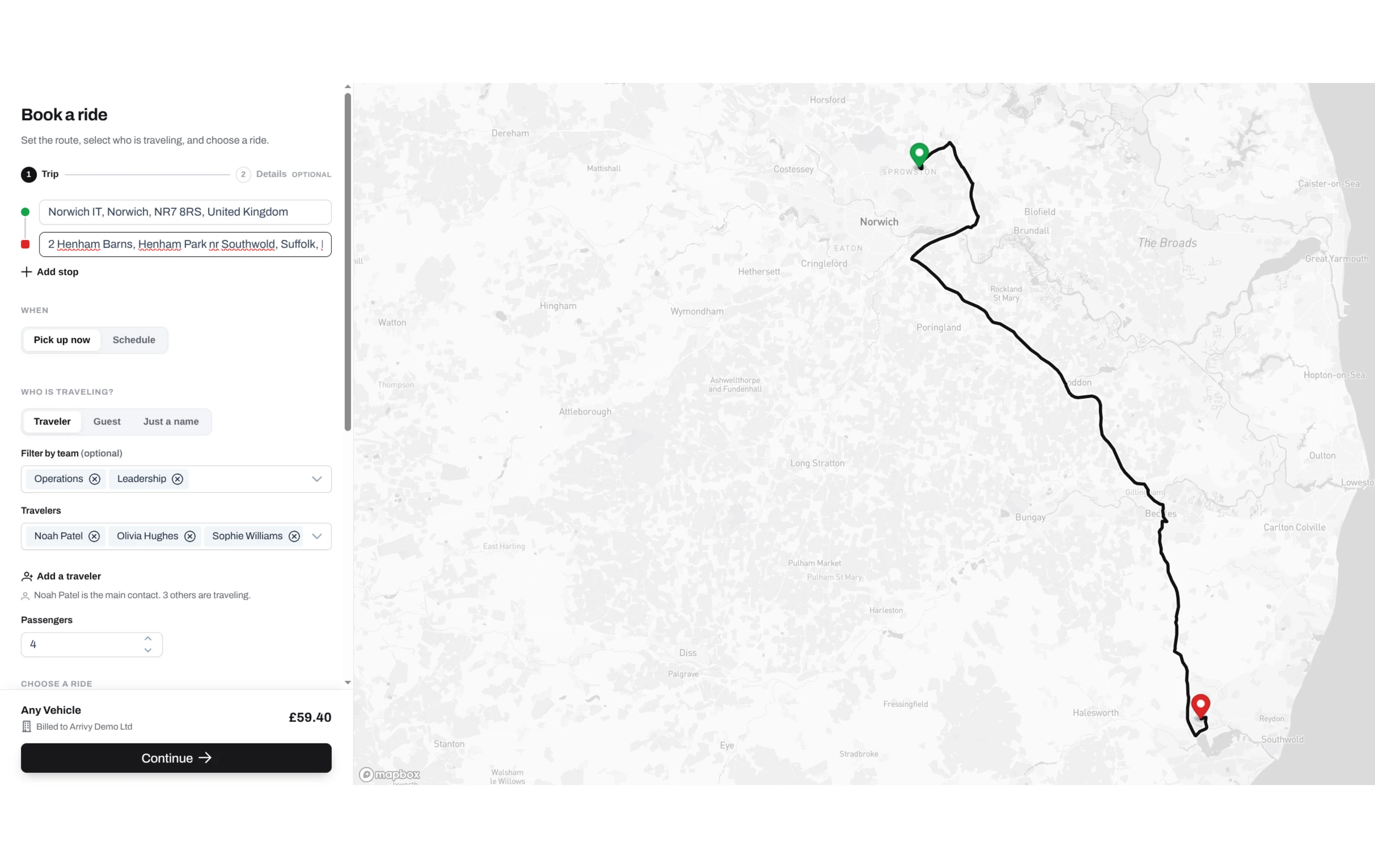 Business Portal ride booking screen with travellers, route and quoted fare