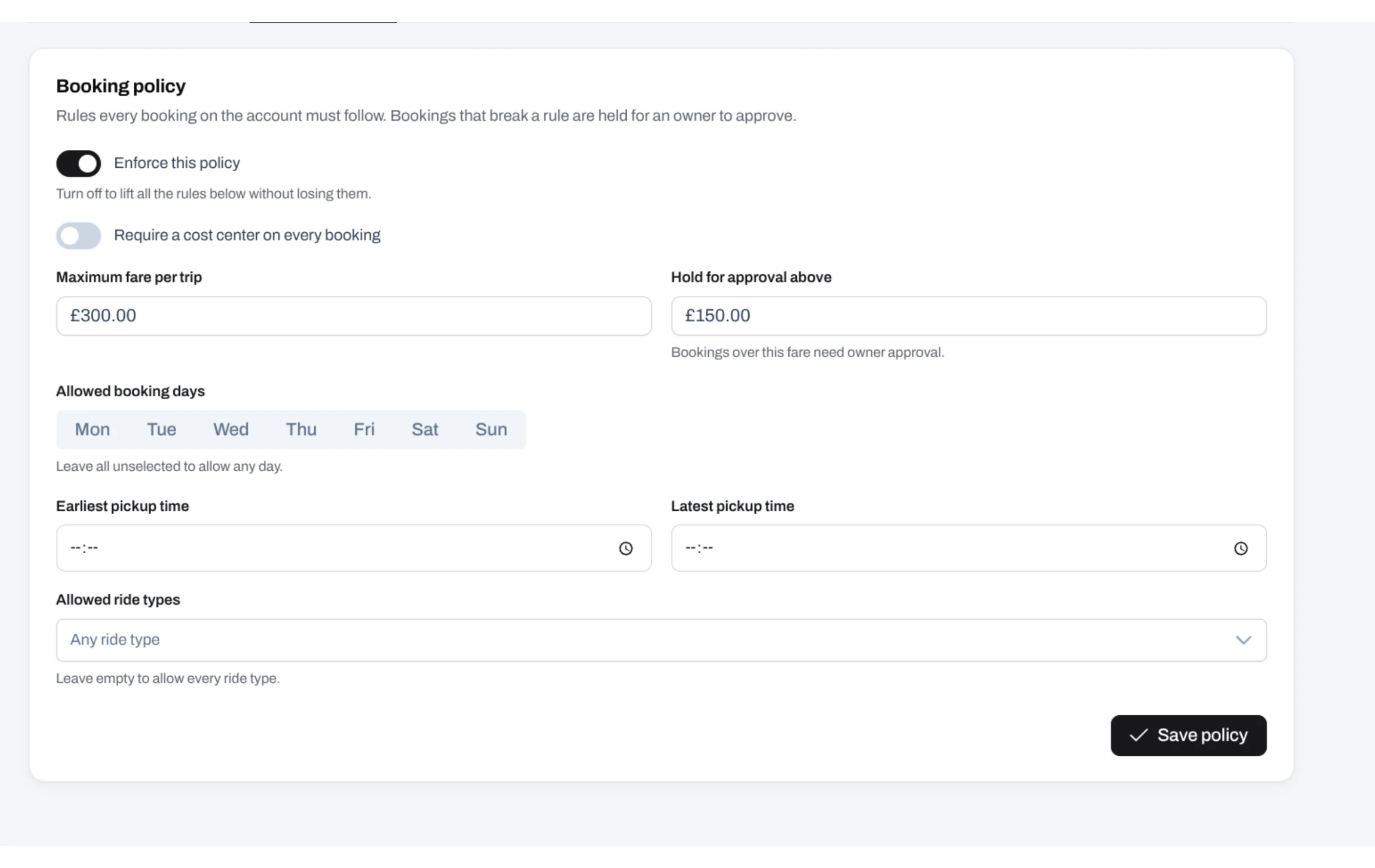 Business Portal booking policy controls for fares, approvals, times and ride types
