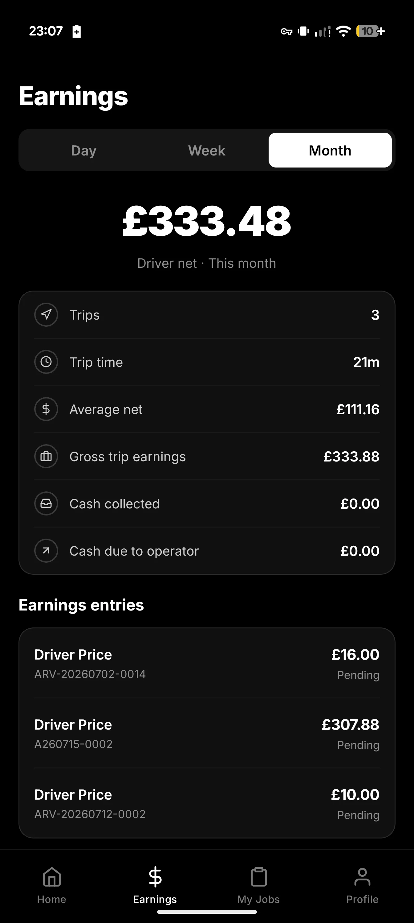 Driver App earnings screen with monthly totals, trip time and booking entries