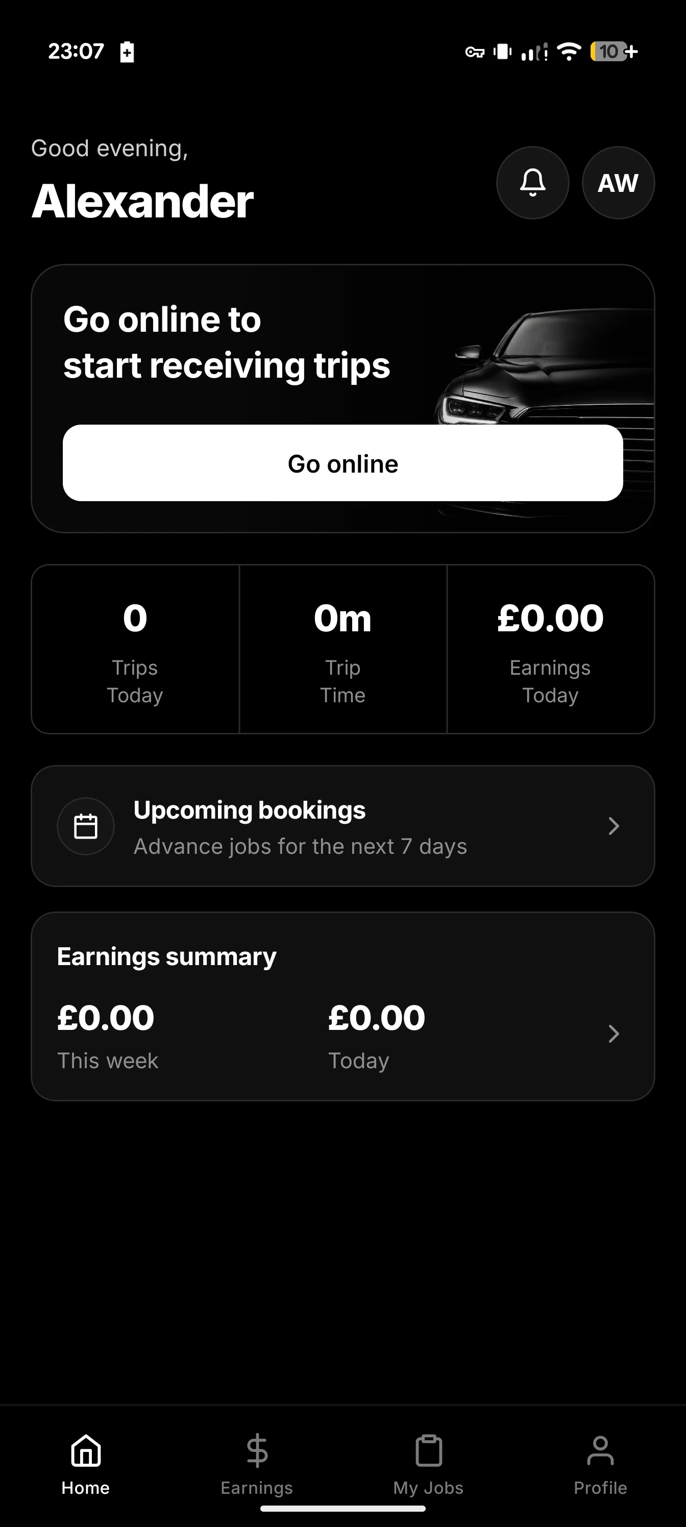 Driver App home screen with availability, daily activity, upcoming work and earnings