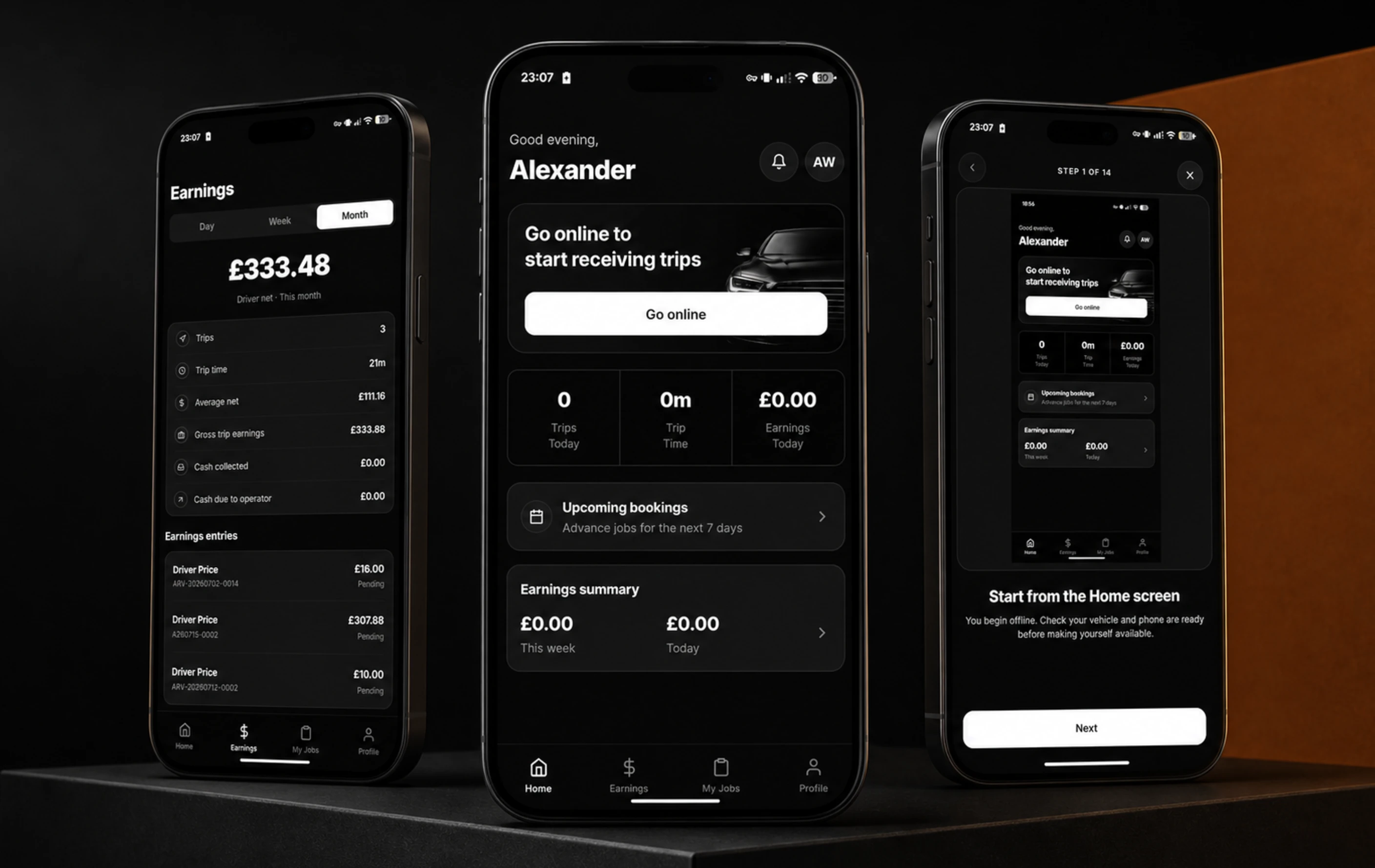 Mousehold Studio Driver App home, earnings and onboarding screens