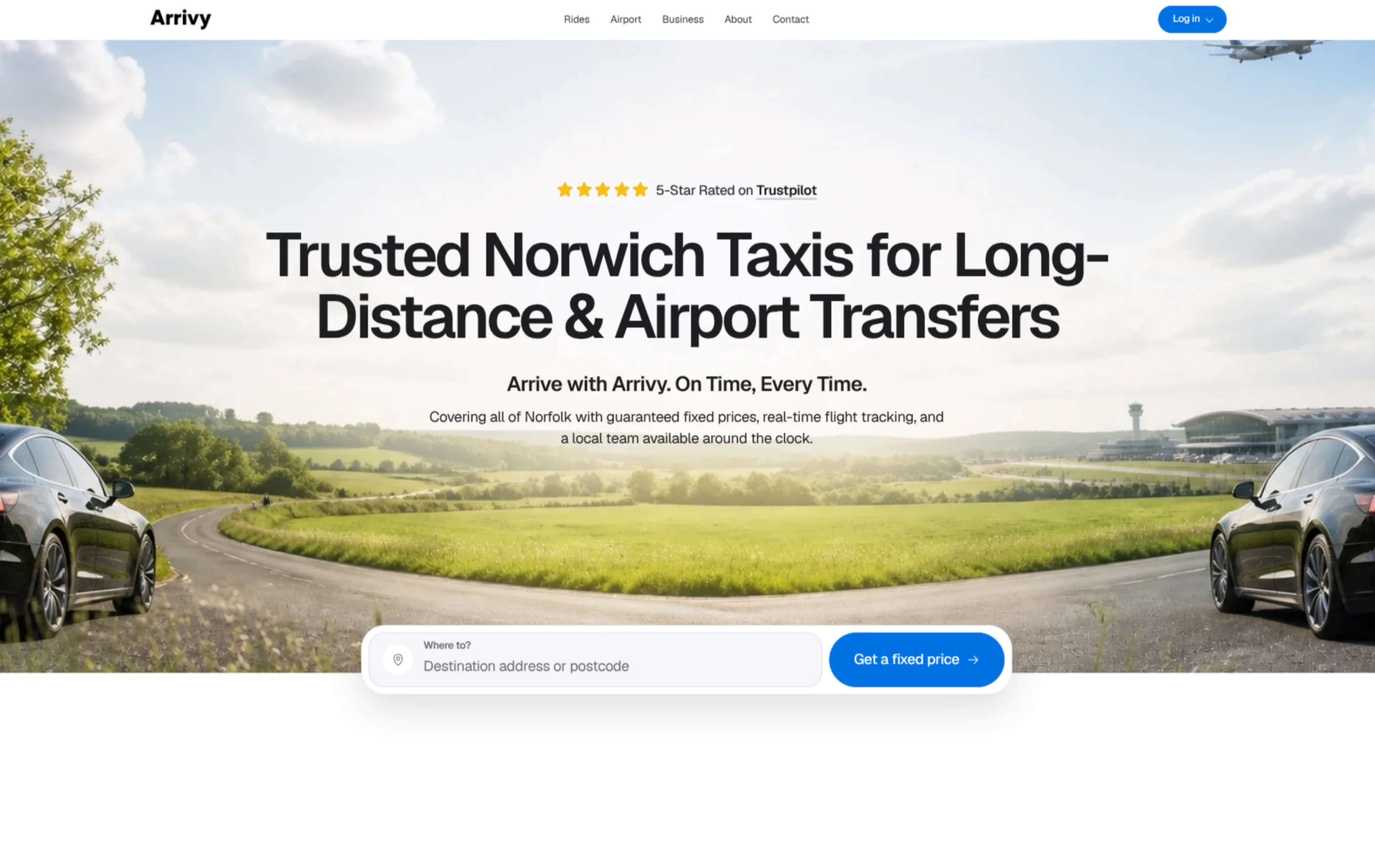 Live Arrivy Taxis website homepage for Norwich taxi and airport transfer services
