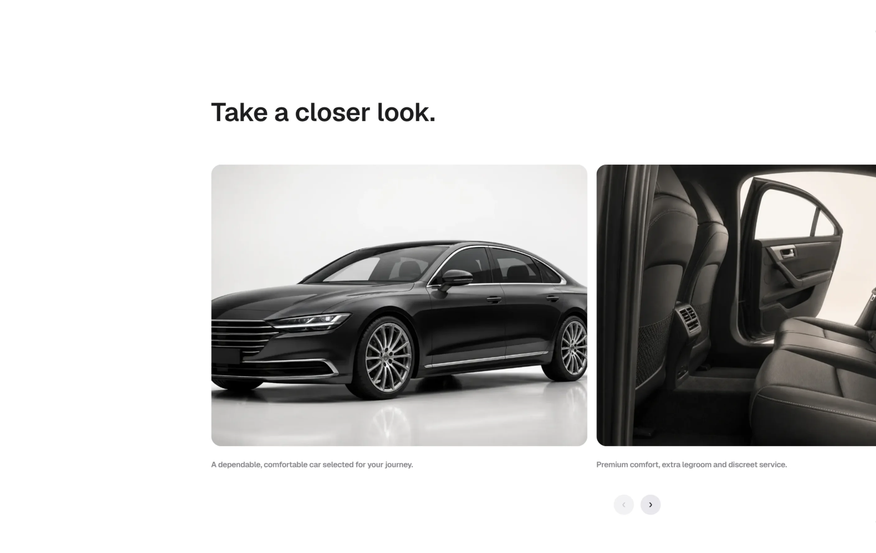Live Arrivy Taxis fleet gallery showing an executive car and passenger interior