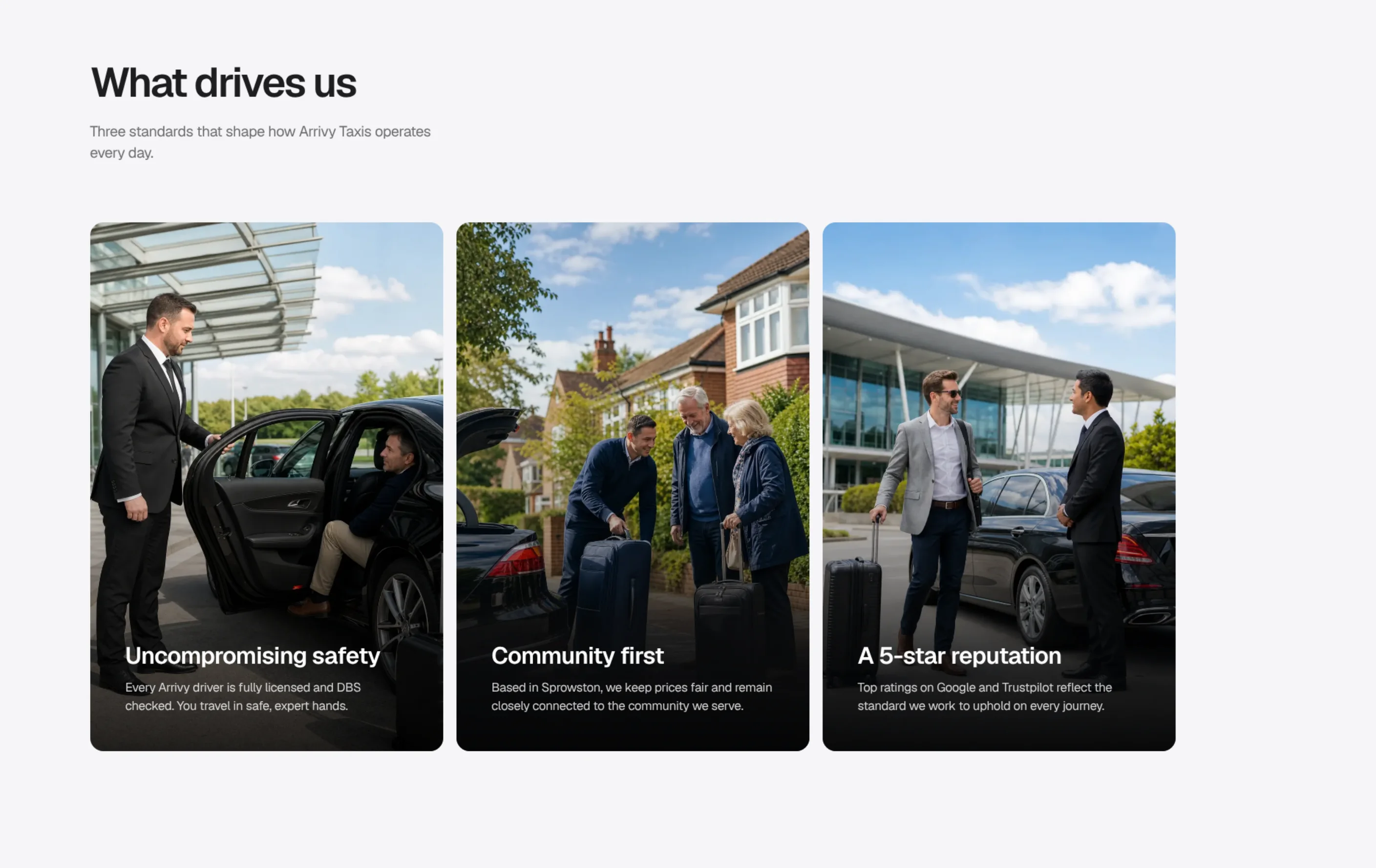 Live Arrivy Taxis website section showing its safety, community and service standards