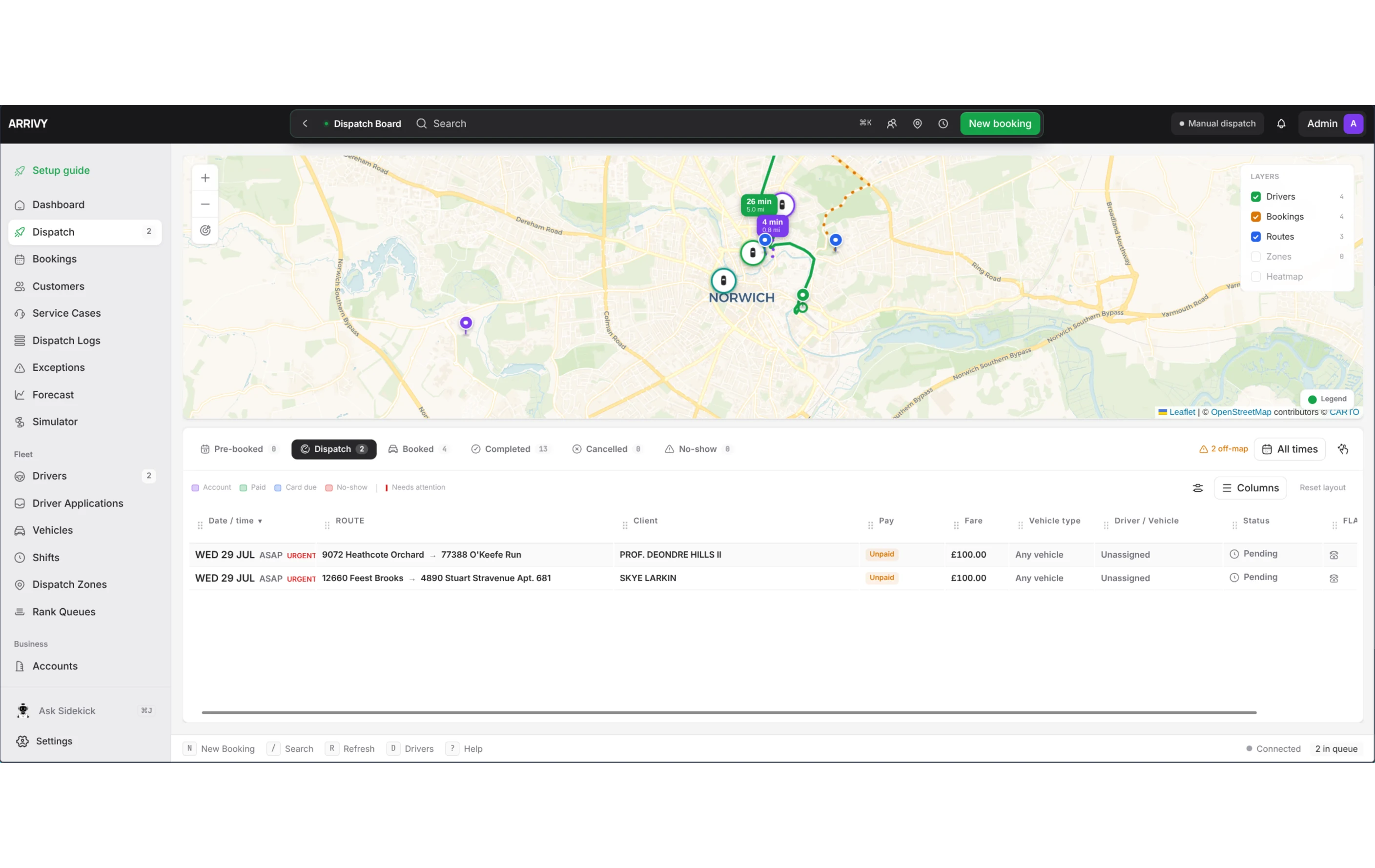 Mousehold Studio Dispatcher board with live routes, drivers and booking queues