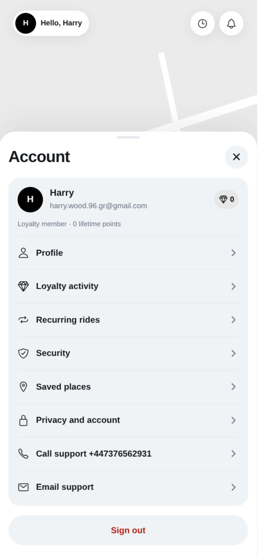 Passenger App account controls for profile, loyalty, recurring rides, security and support
