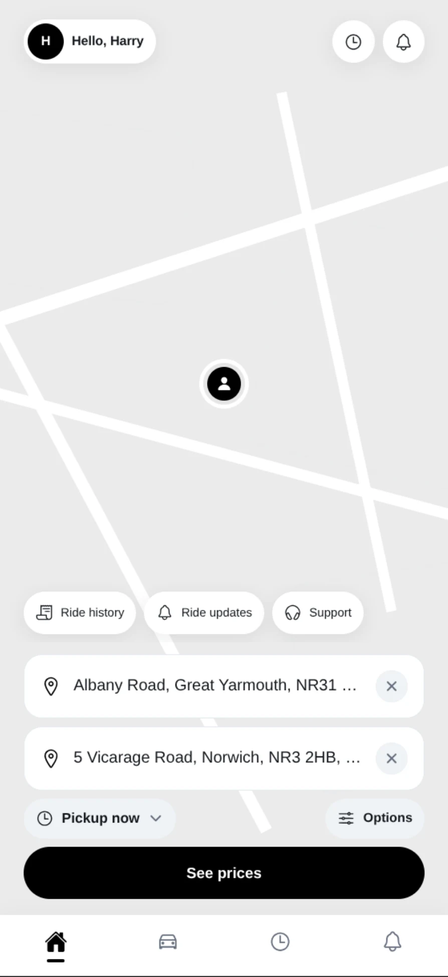 Passenger App home screen with pickup, destination and pricing controls