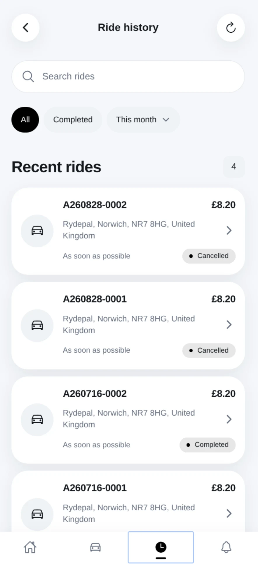 Passenger App ride history with search, filters, prices and ride statuses