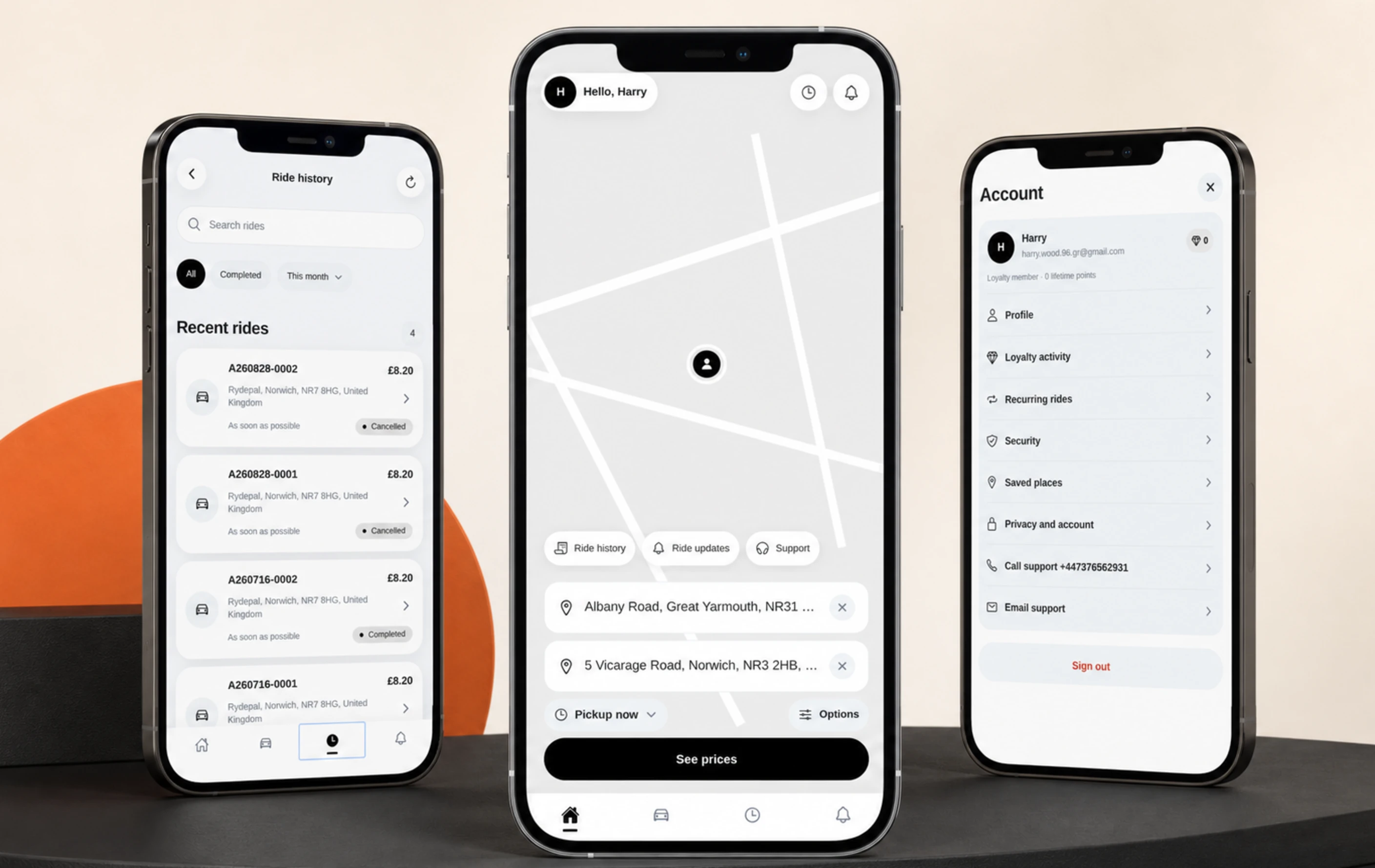 Mousehold Studio Passenger App booking, ride history and account screens