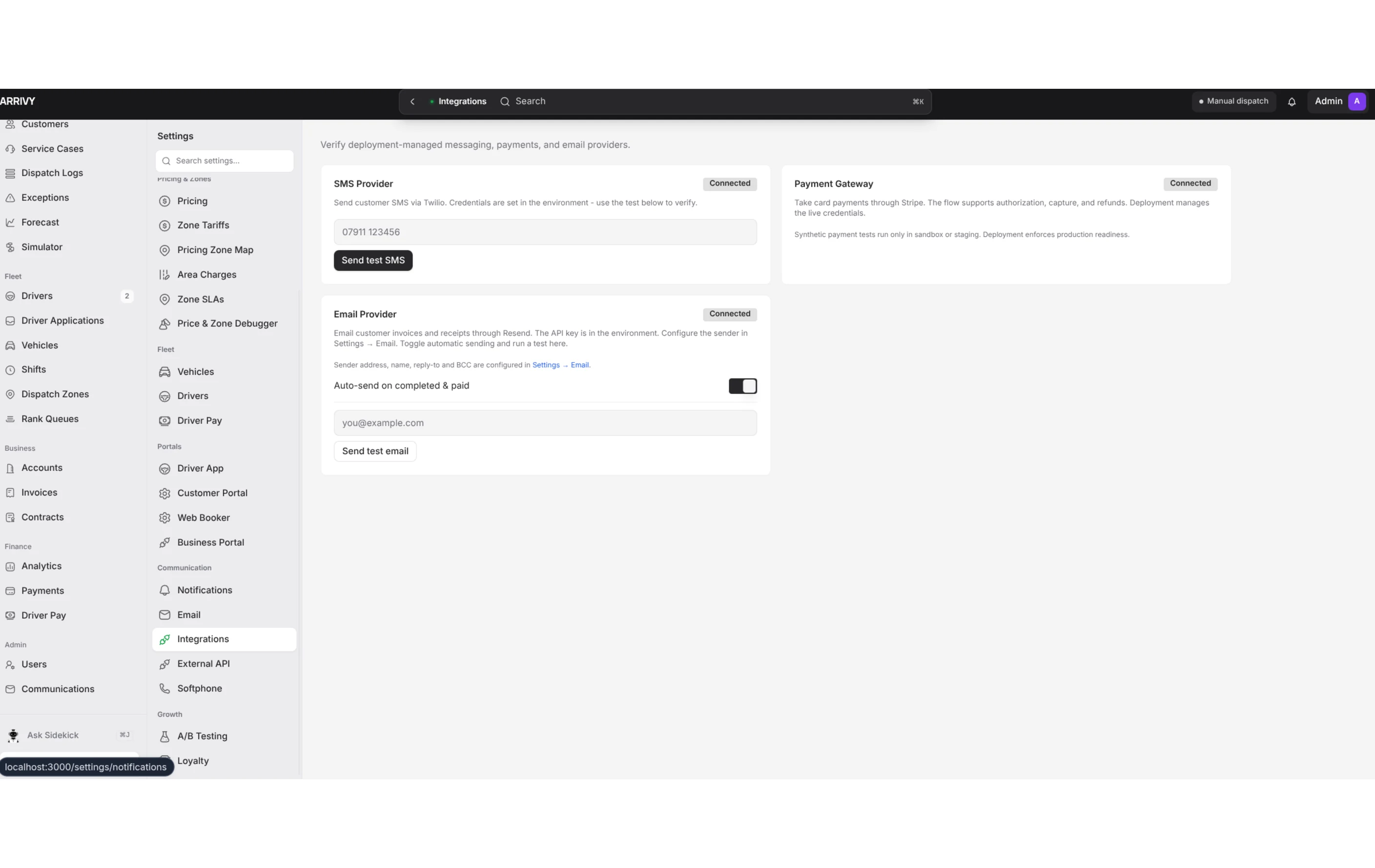 Mousehold Studio Dispatcher integration settings for messaging, payments, email and customer products