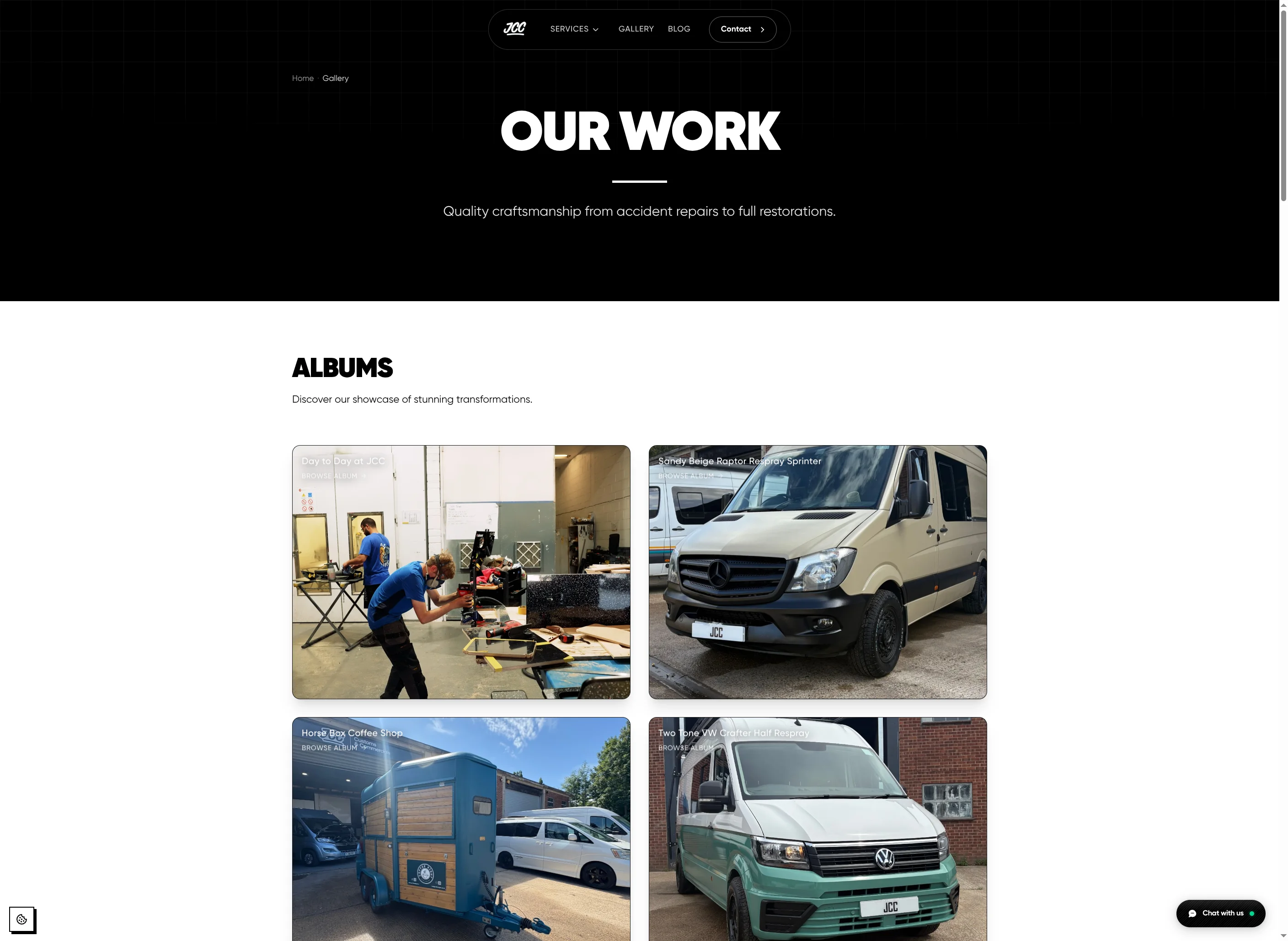 Live JCC Customs and Commercials project gallery showing completed vehicle work