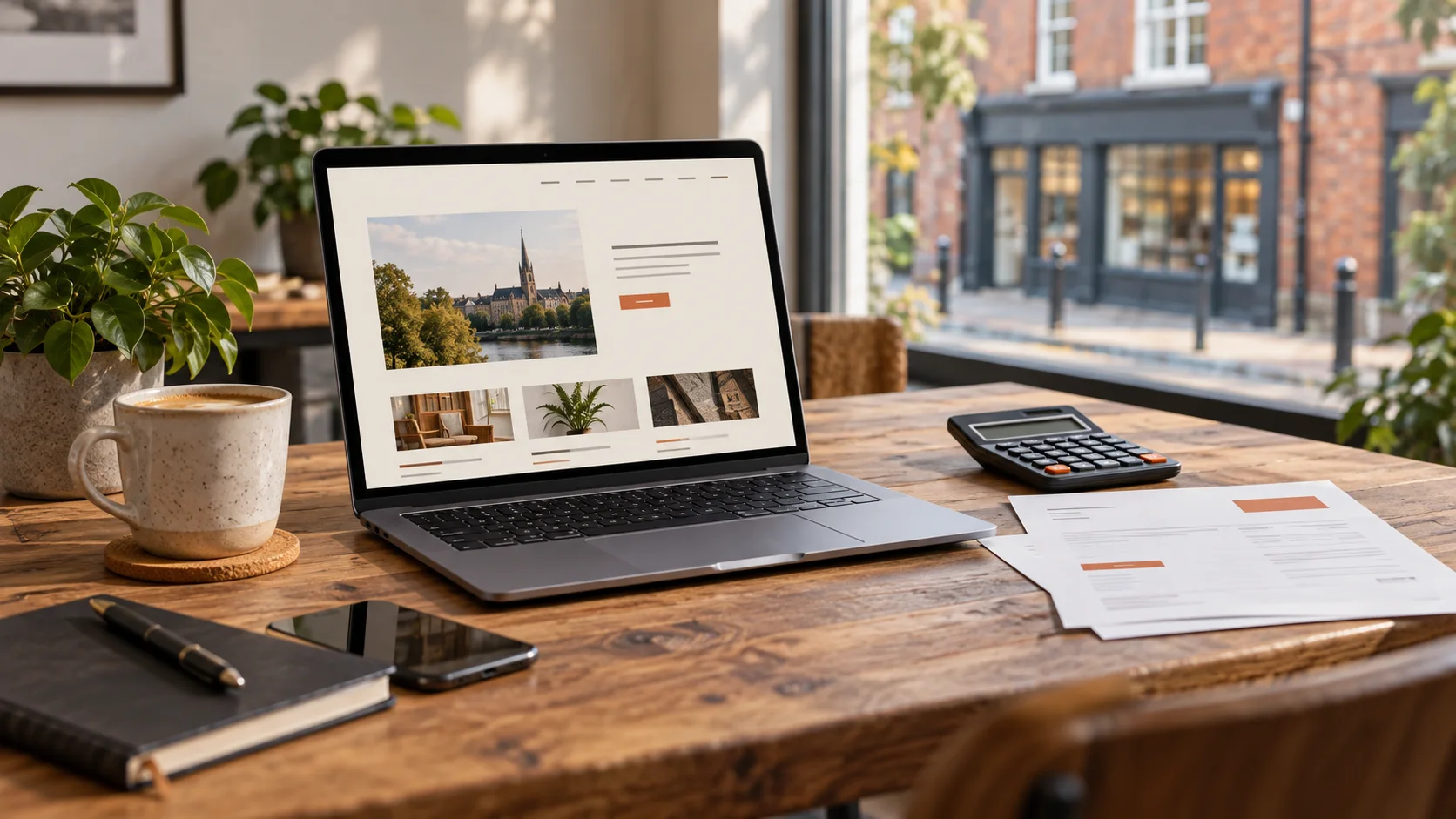Editorial illustration of a laptop website, calculator and quote sheets on a desk beside a shopfront window