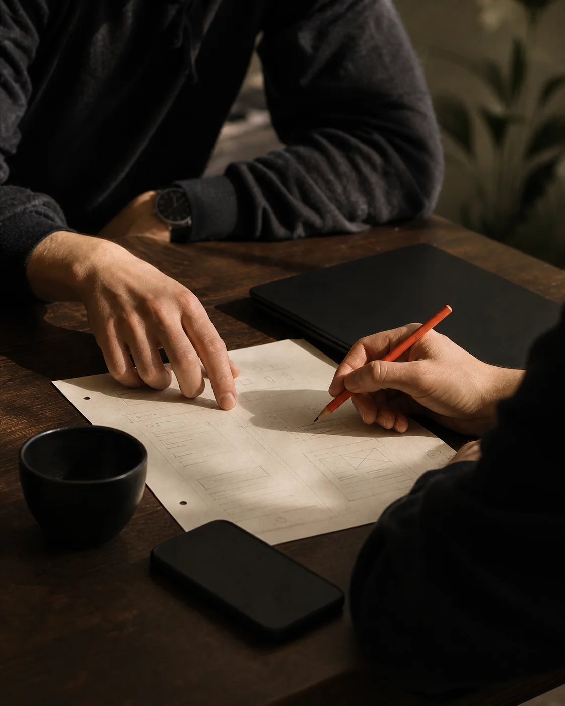 A website project brief being discussed around a dark studio table