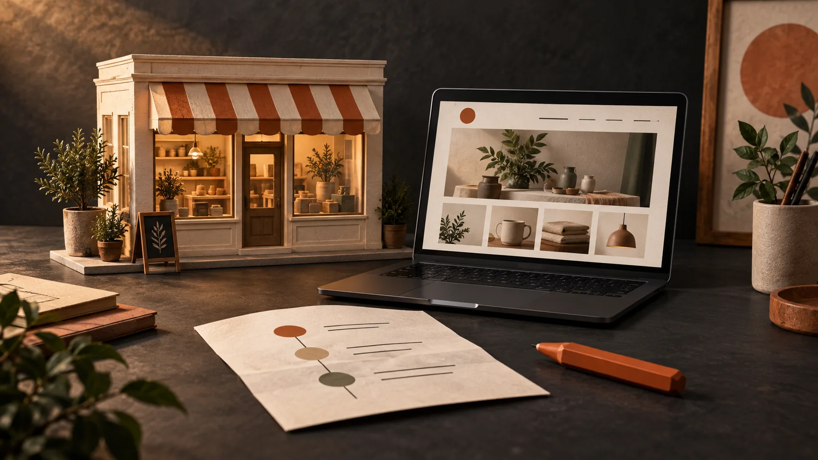 Editorial illustration of an independent shop, laptop website and digital action plan