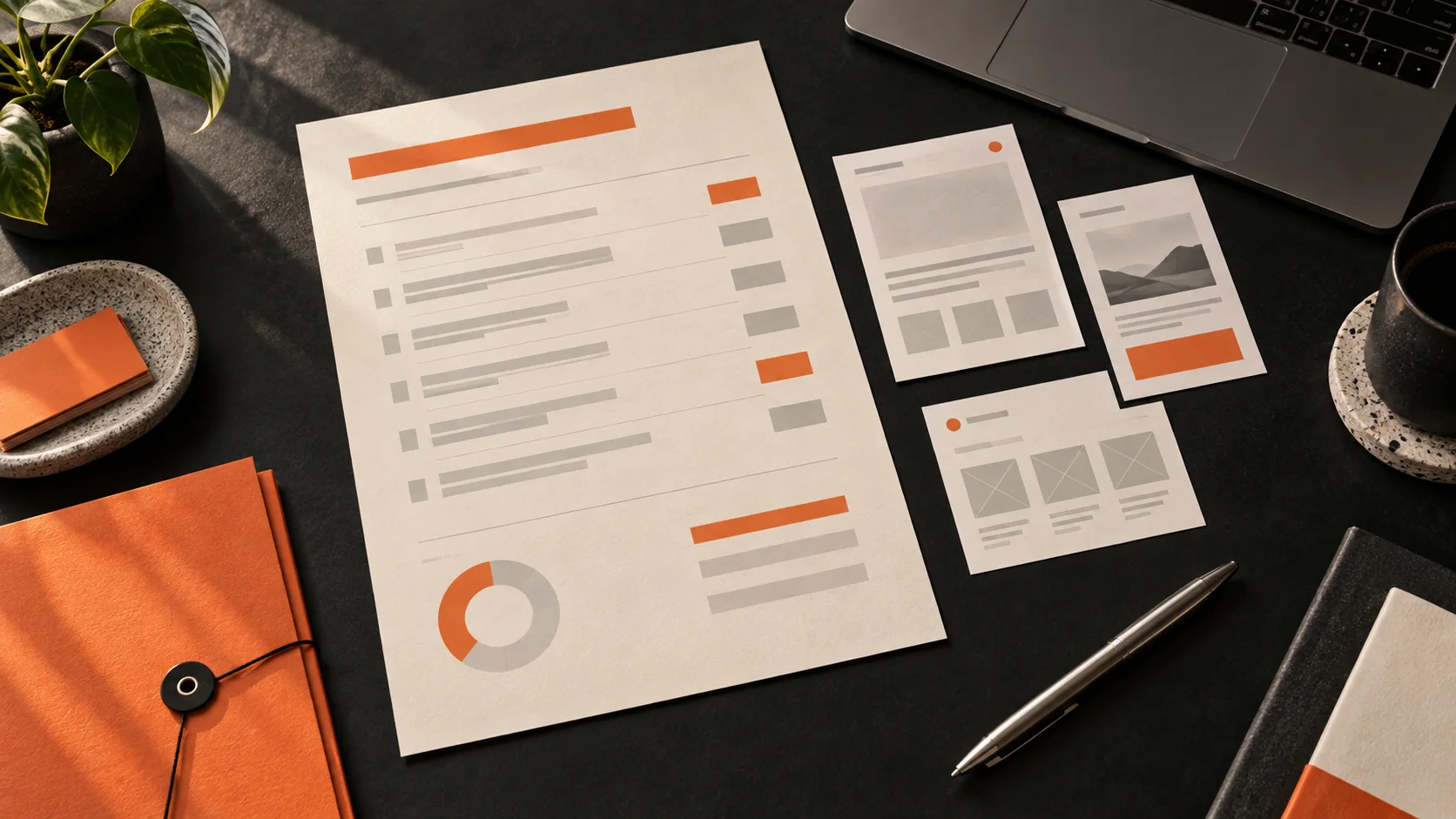 Editorial illustration of a website proposal, page layouts and orange folder on a studio desk