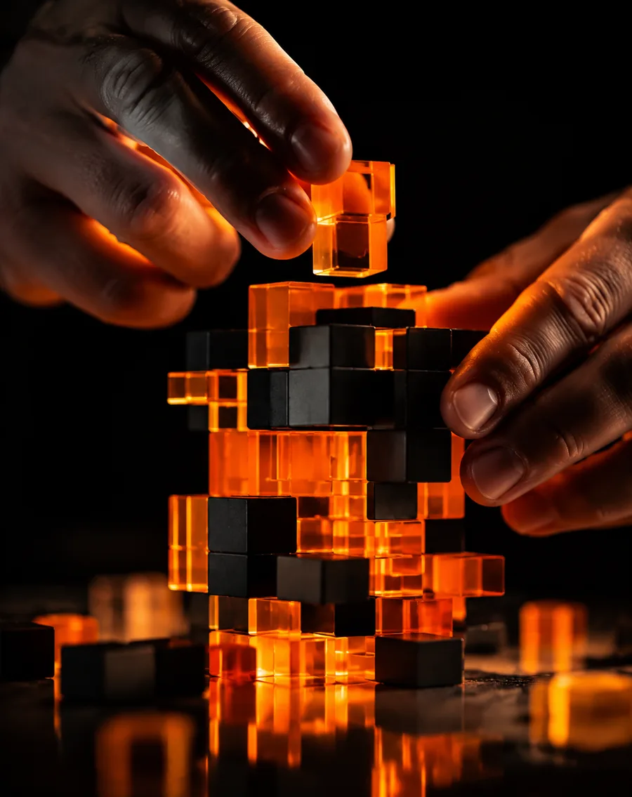 Hands assembling a glowing website from modular blocks, representing a custom-built, hand-coded Mousehold Studio website