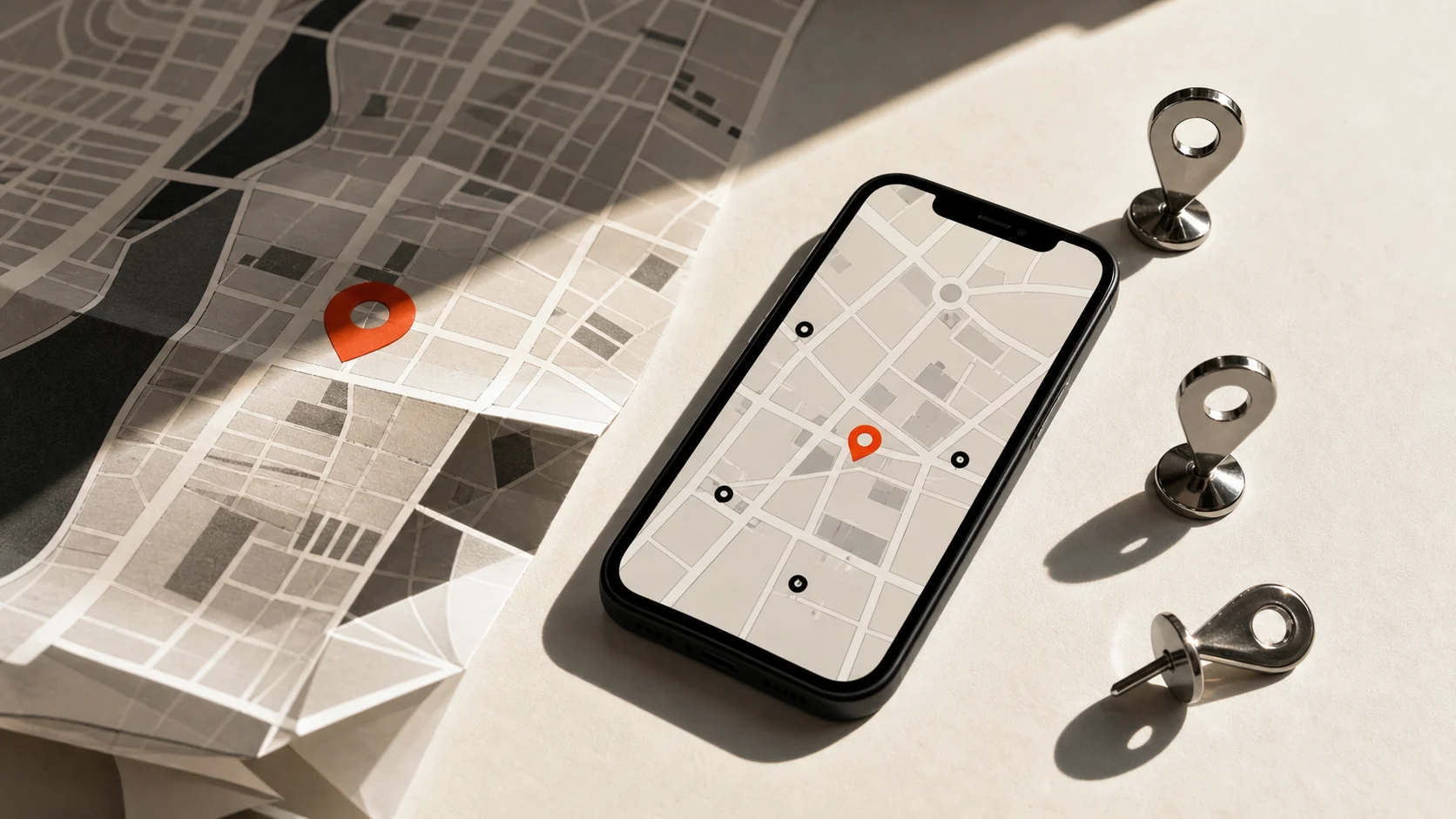 A phone showing map locations on a printed city map with flame-orange location pins