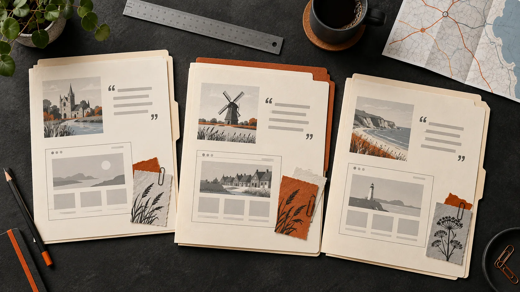Editorial illustration of three website project folders, quote sheets and a folded street map