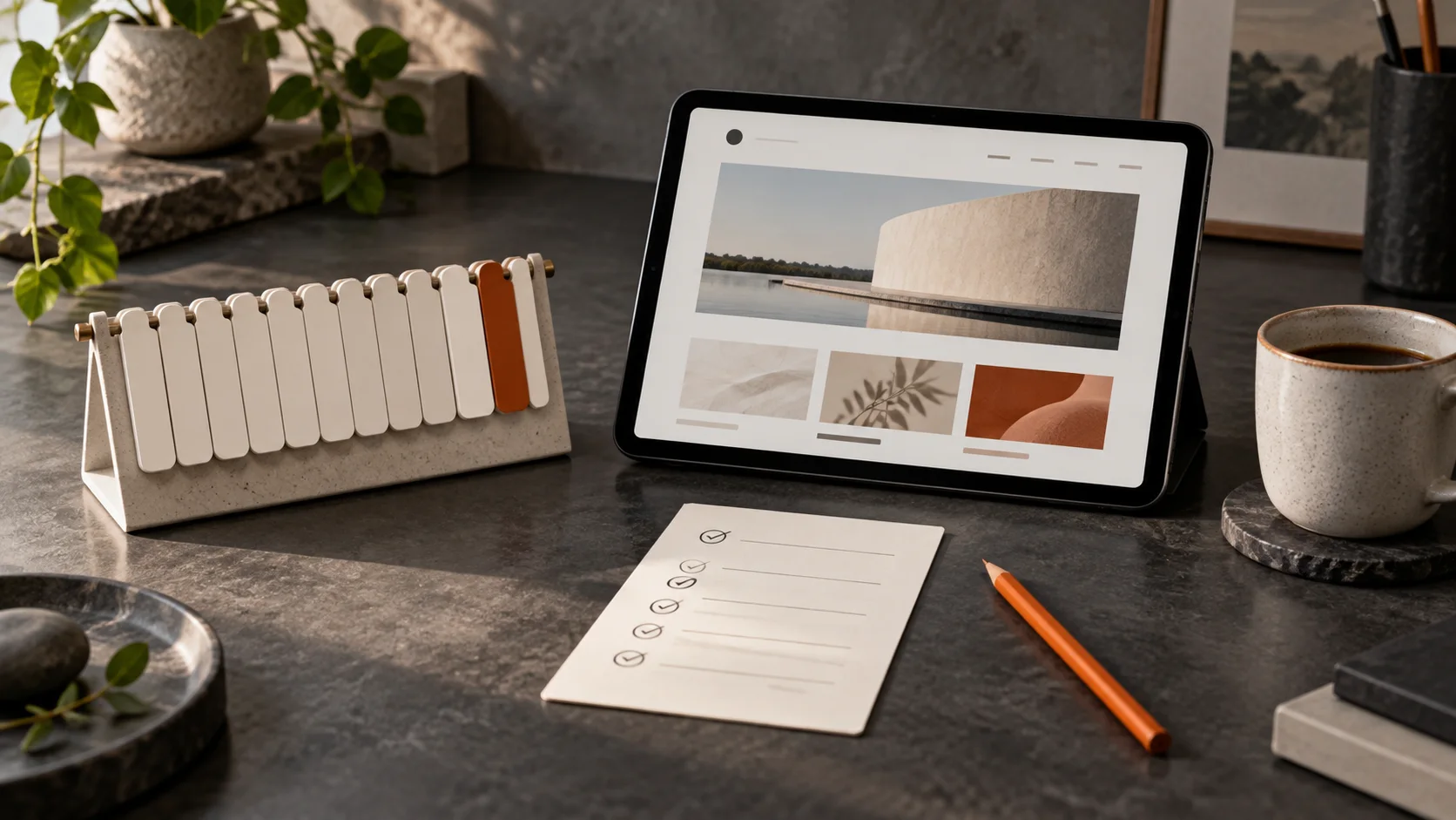 Editorial illustration of a tabbed desk calendar, tablet website and checklist representing ongoing website care