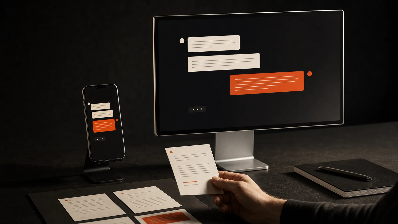 An AI conversation shown across desktop and phone with prompt cards on a dark studio desk