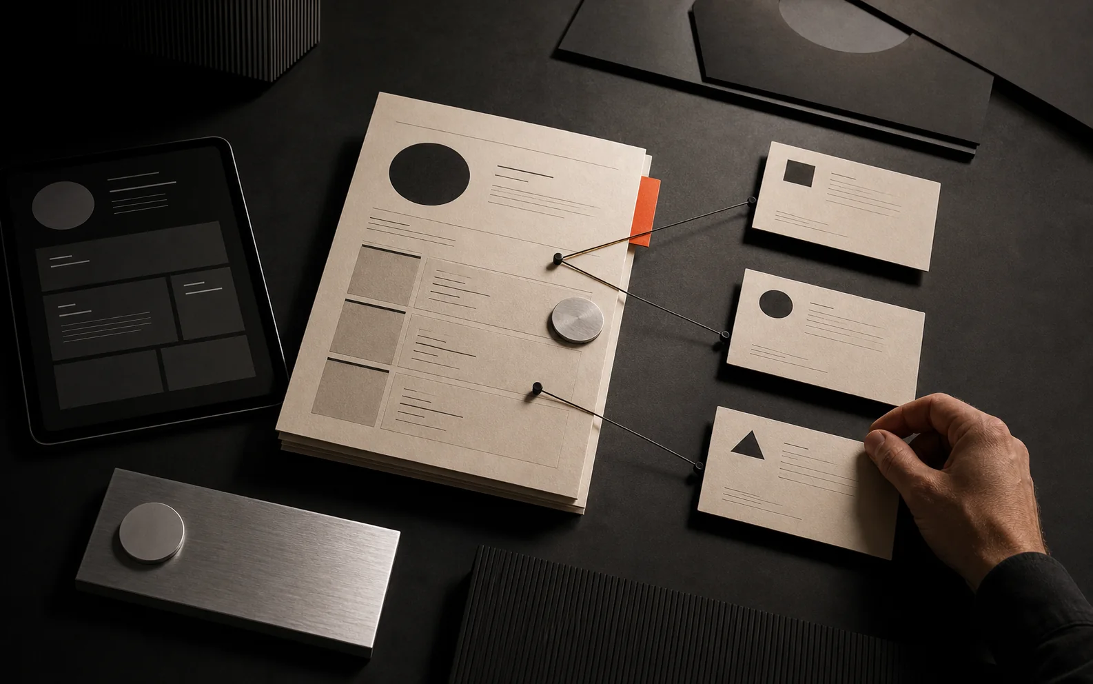 Customer profile cards connected to a structured record beside a tablet on a dark studio table