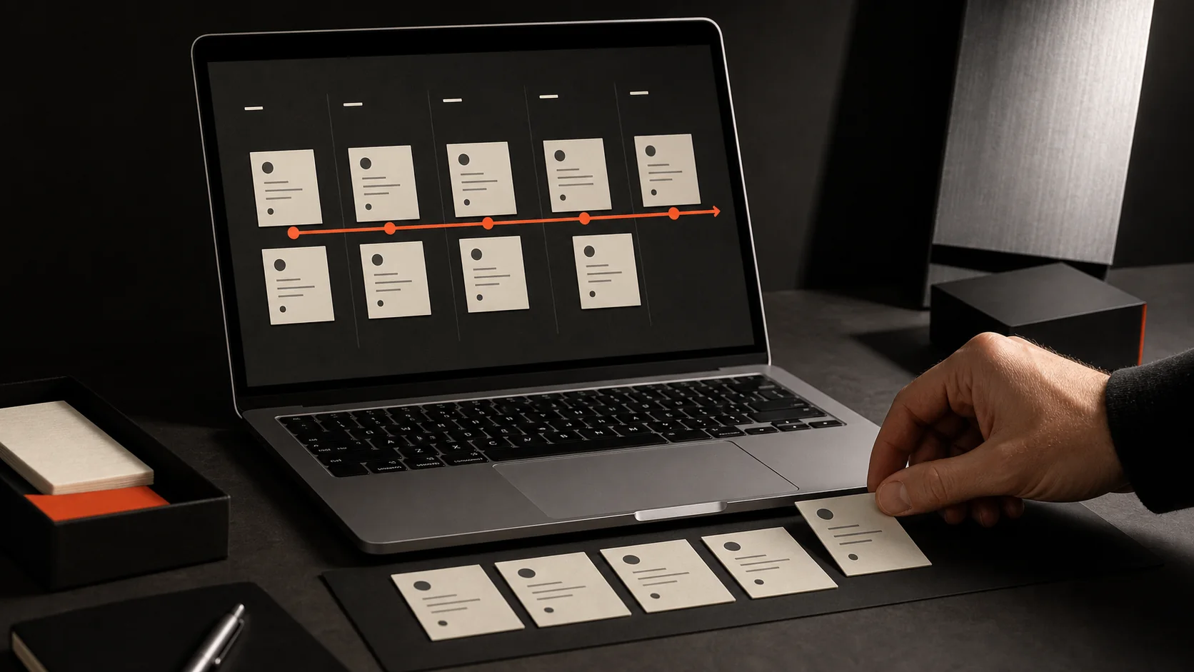 A customer pipeline displayed on a laptop with matching paper workflow cards on a dark studio desk