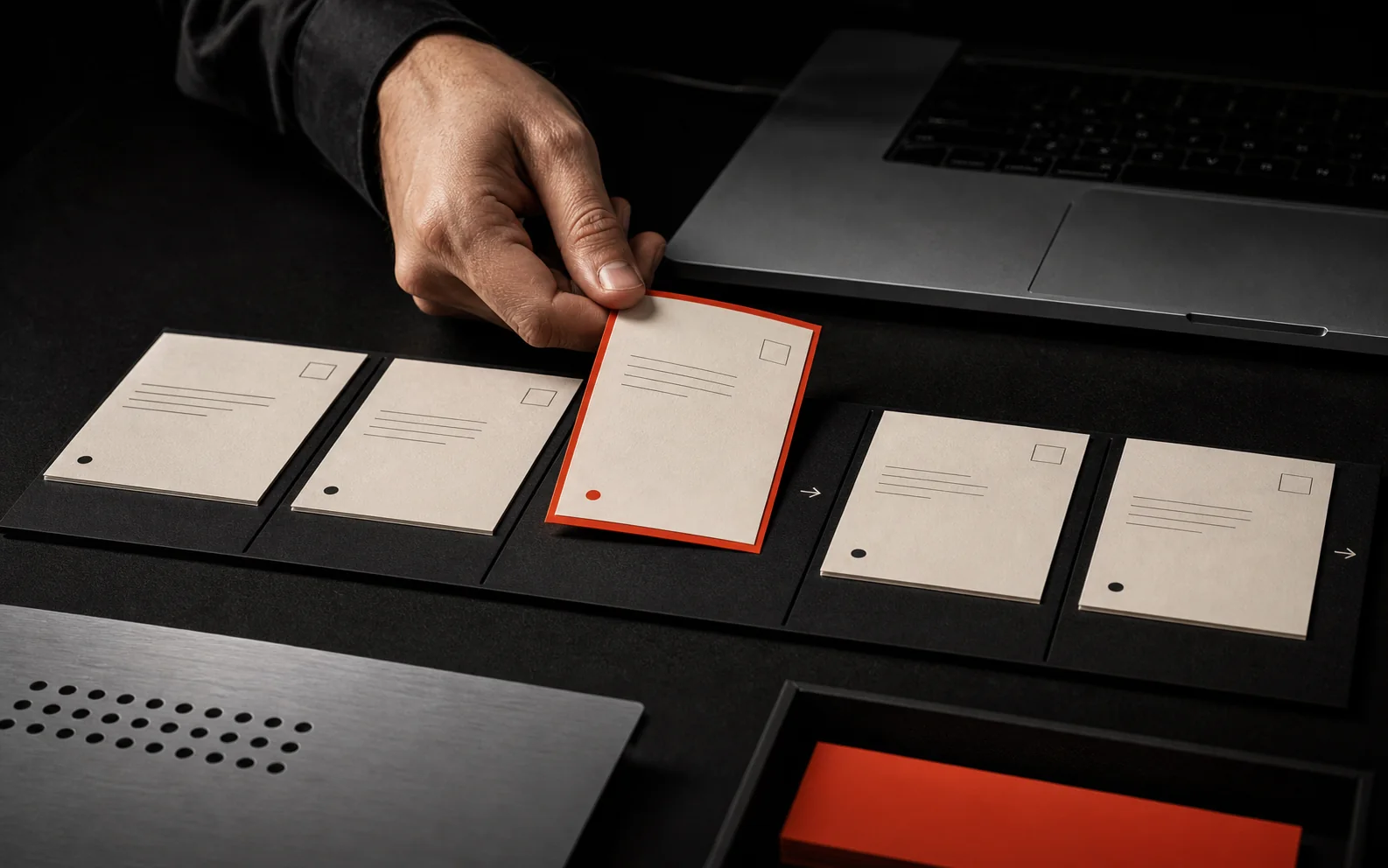 A hand moving a customer record through a connected card-based pipeline on a dark studio desk