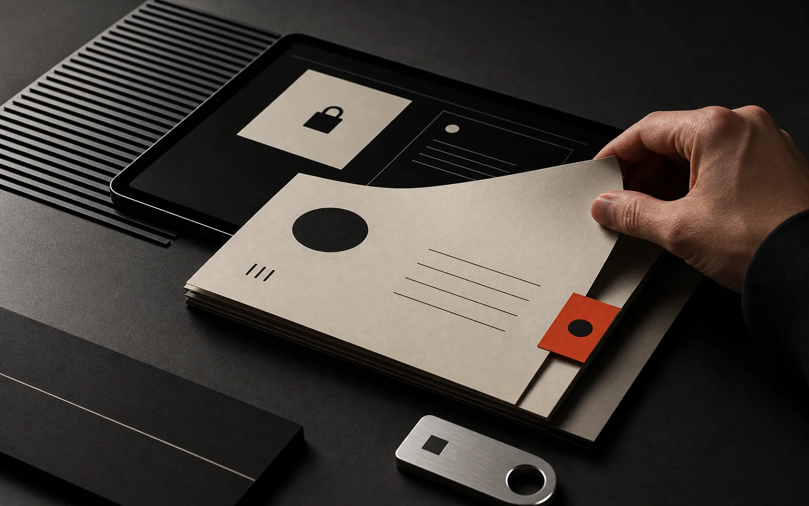 A secure account screen with a padlock beside printed profile records and a hardware key