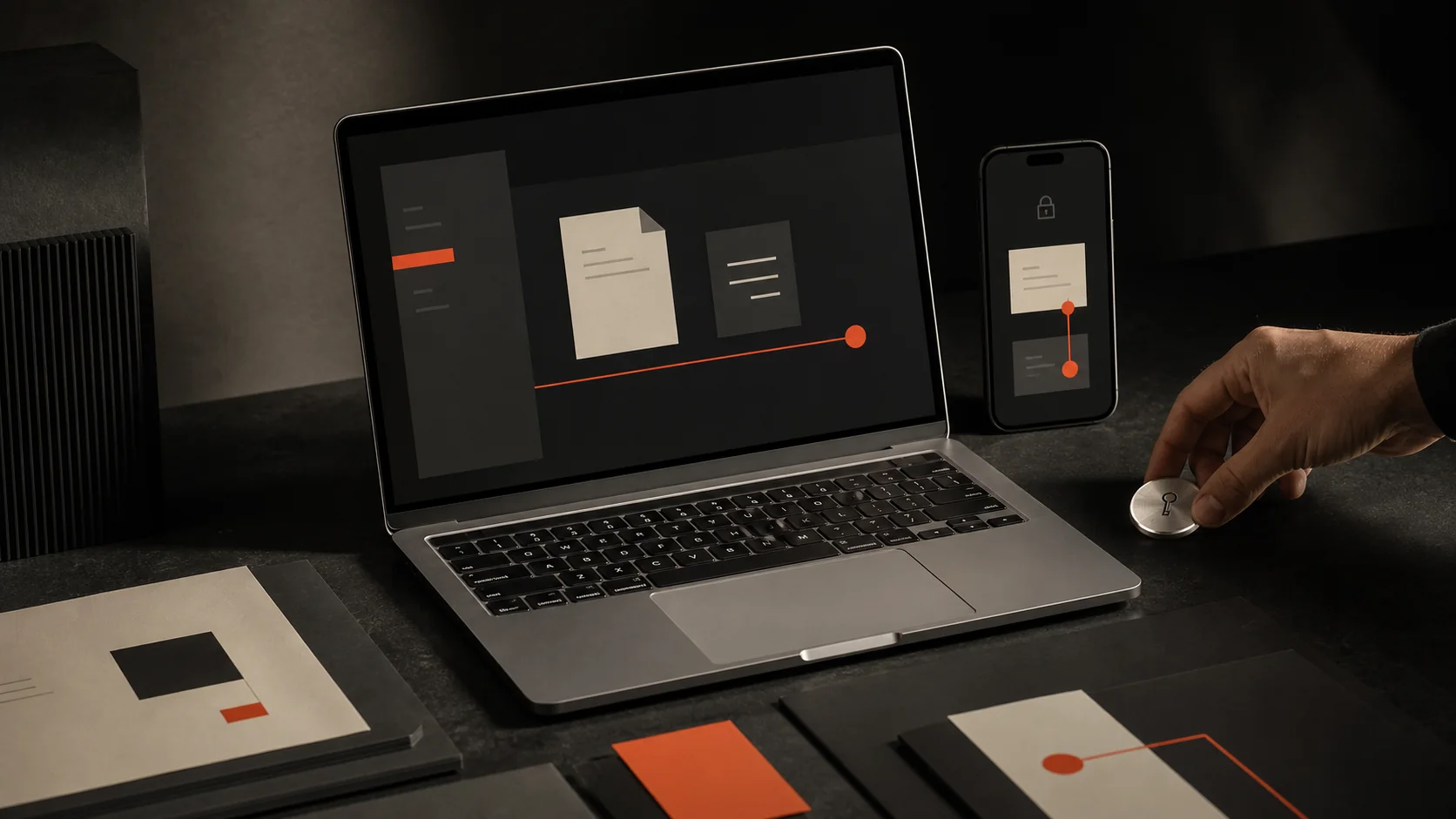A secure content platform displayed across laptop and phone with black, cream and flame-orange interface elements
