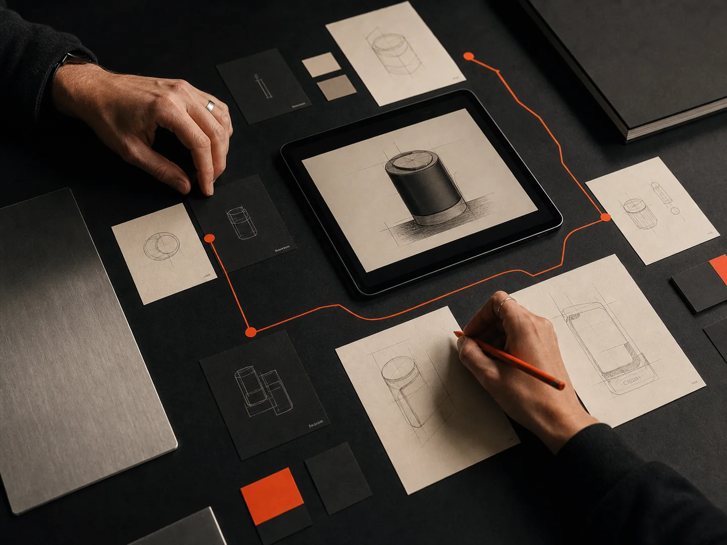 Hands sketching a product concept around a tablet, material samples and a flame-orange workflow line