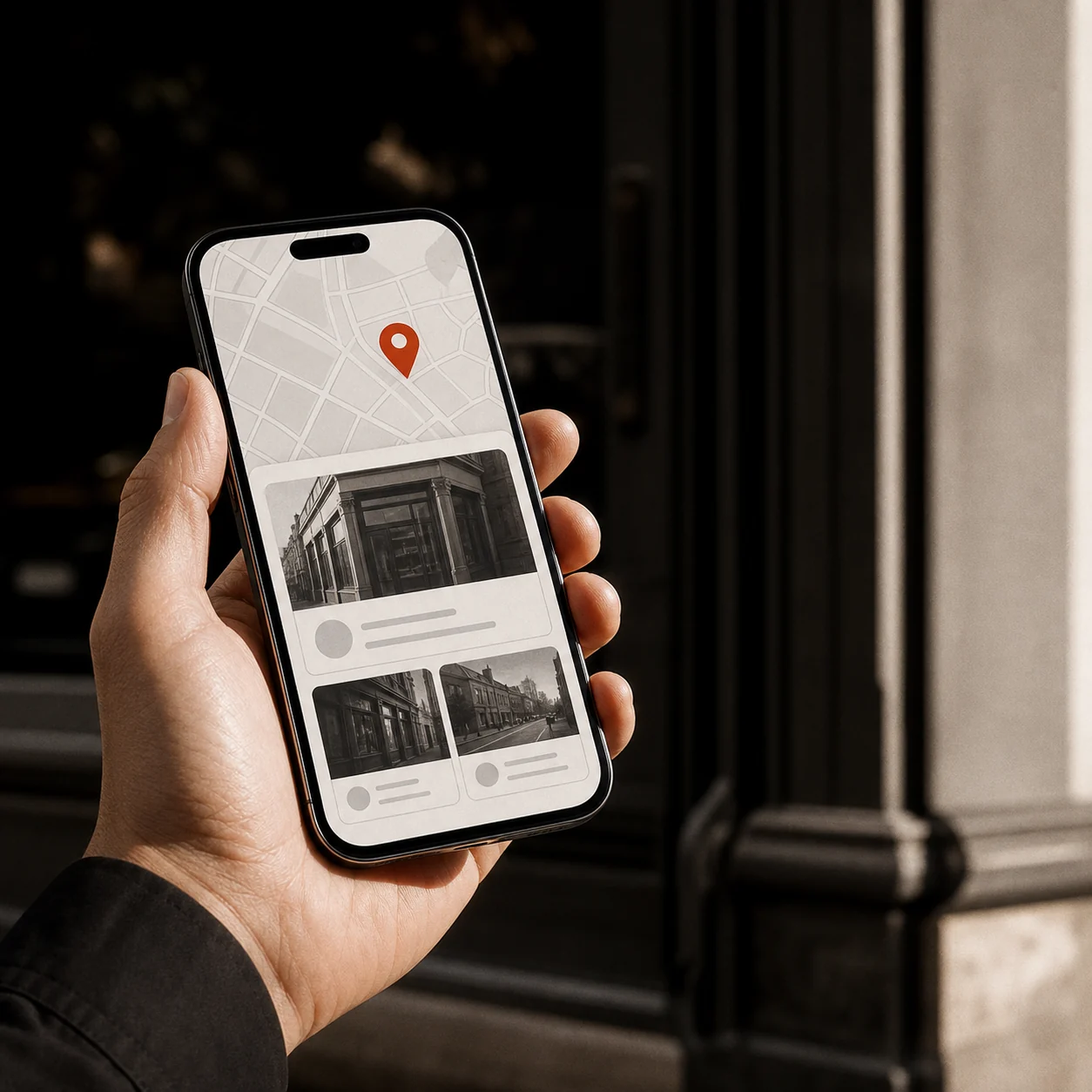 Local search listings and location signals arranged in Mousehold Studio orange