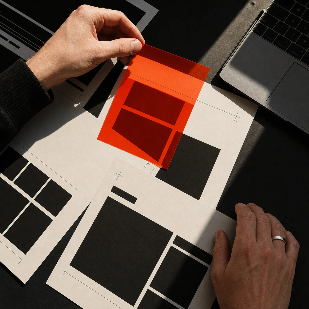 Contemporary website layouts arranged in a restrained black, cream and orange composition