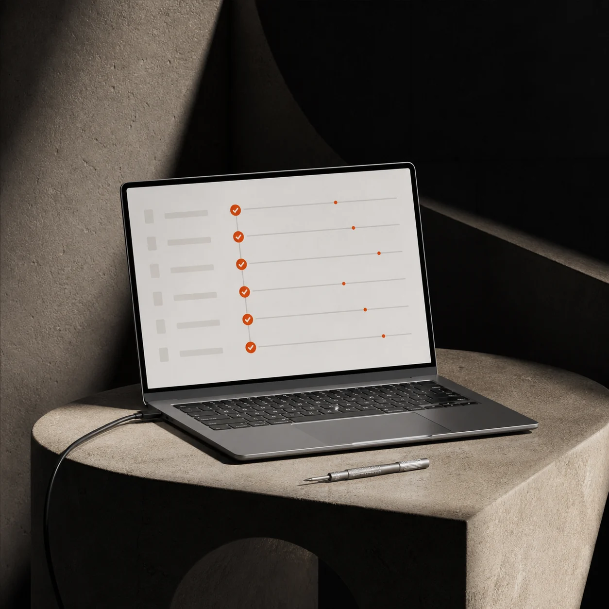 Website monitoring and audit checks shown on a studio laptop with orange accents