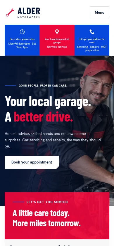 Alder Motorworks mobile website preview