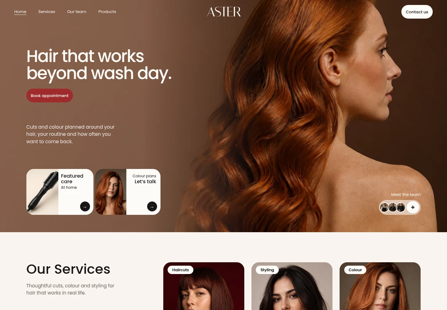 Aster Hair Studio desktop website preview