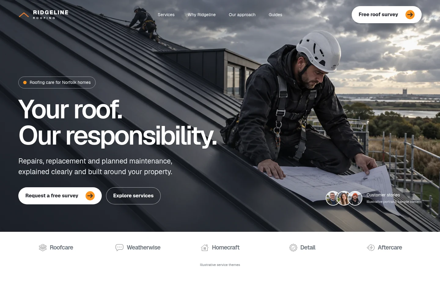 Ridgeline Roofing desktop website preview